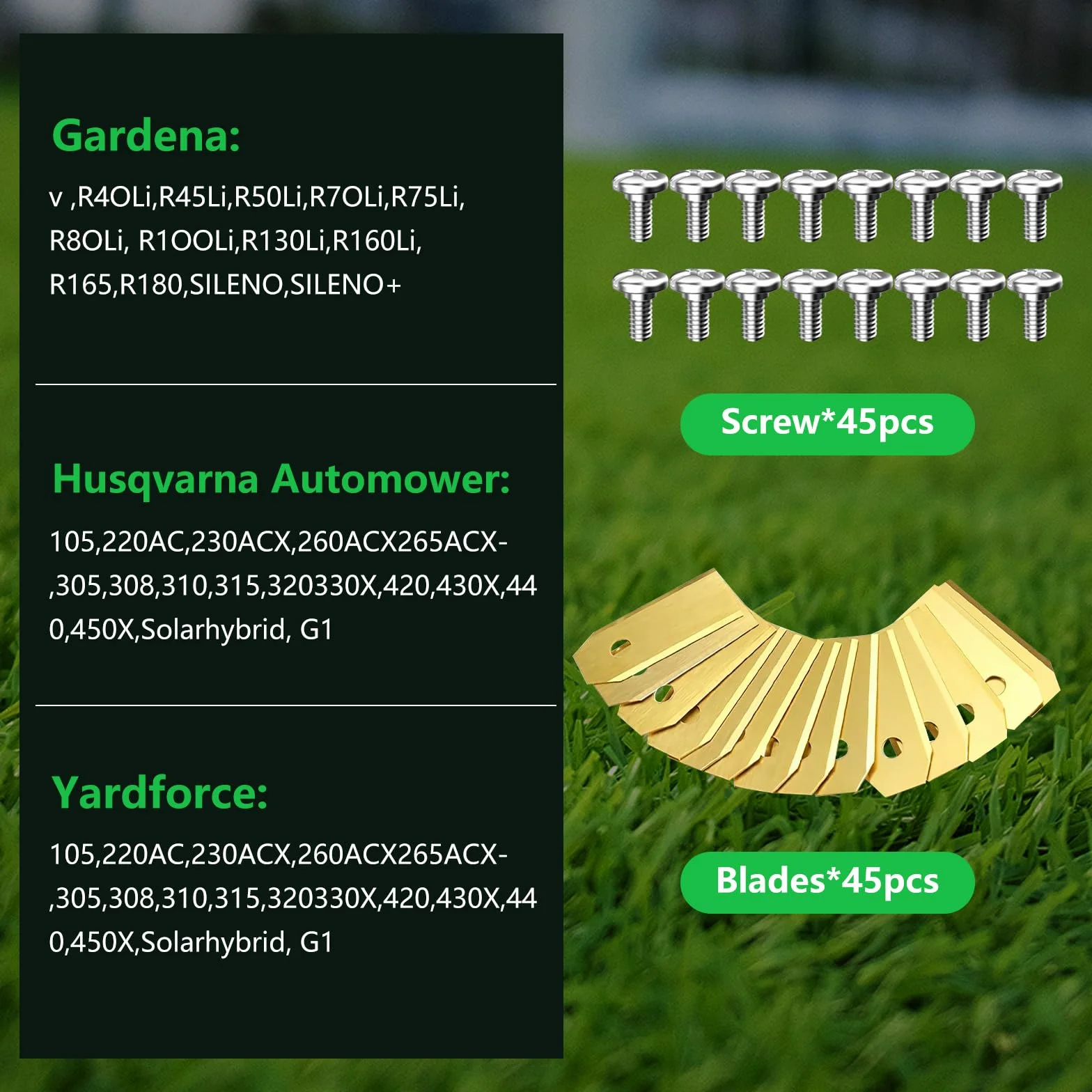 45 x tytanowy nóż zamienny do robota koszącego, ostrza kompatybilne z Husqvarna, Gardena, Yard Force (3 g – 0,75 mm) + 45 śrub