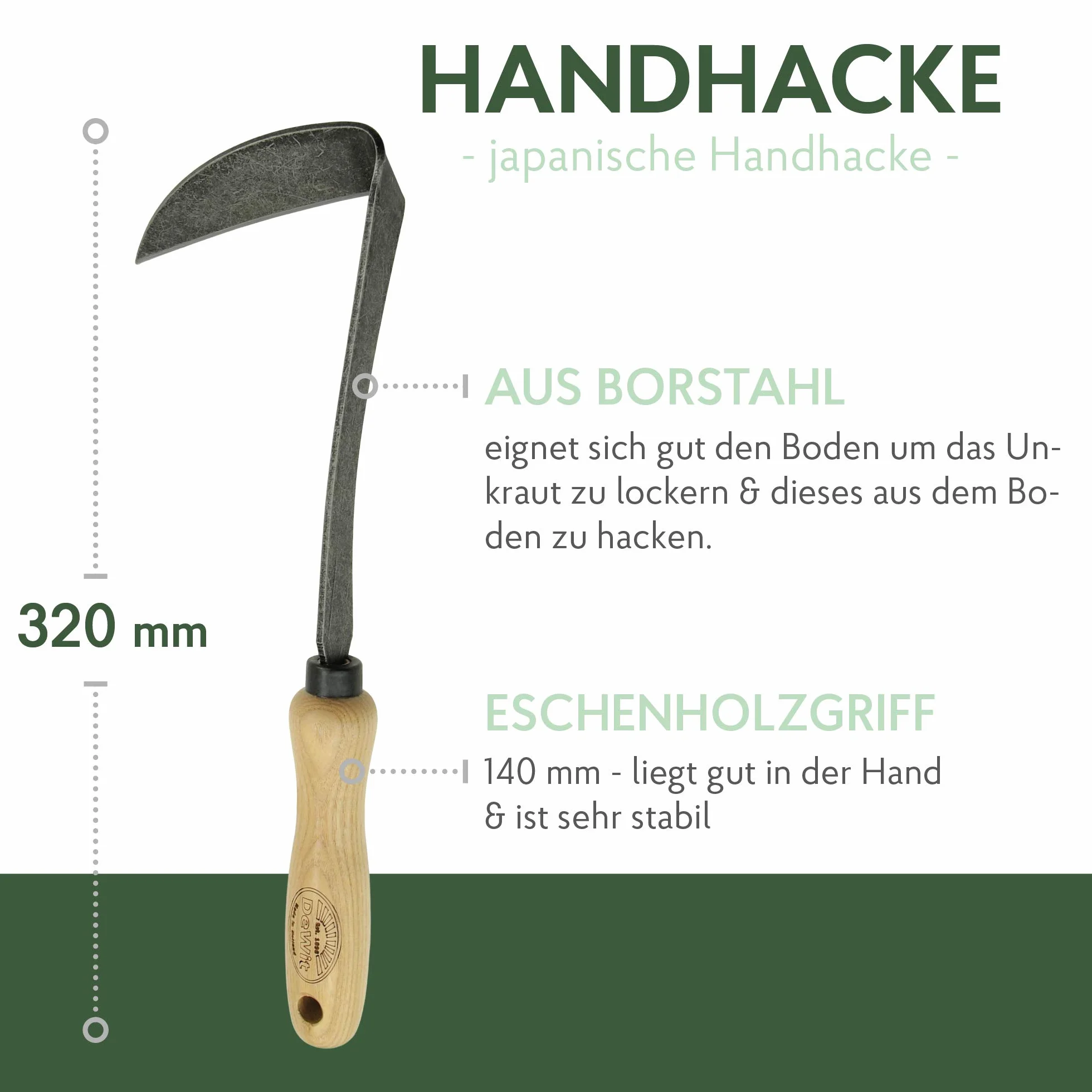 DeWit Japońska motyka ręczna (praworęczna) 32 cm I profesjonalna motyka ogrodowa z kutej stali borowej I akcesoria ogrodowe premium do usuwania chwastów I ręcznie wykonane narzędzia ogrodowe – Made in