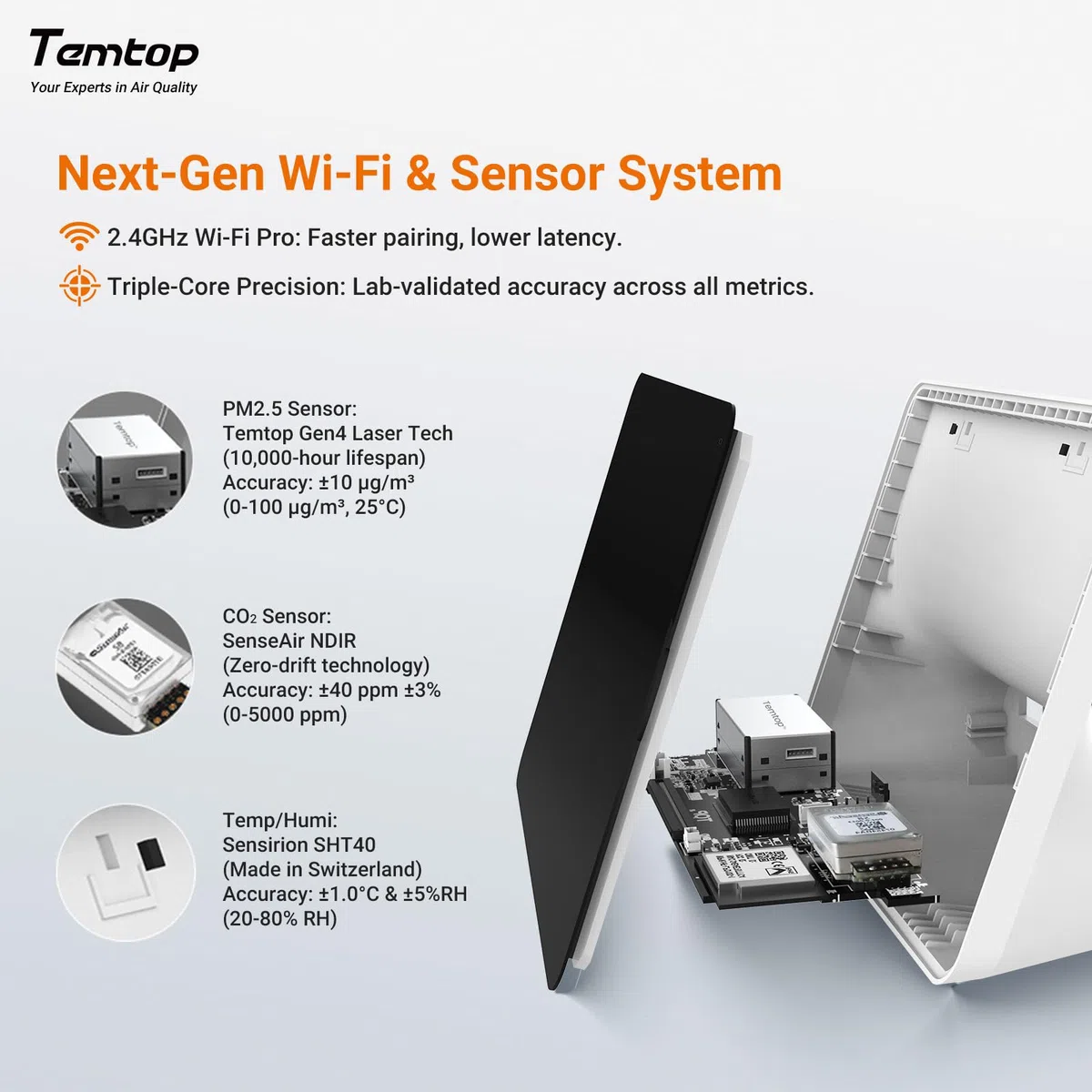 Temtop M100-UP Stacja pomiarowa jakości powietrza, 2.4G WLAN Bluetooth termometr z aplikacją, 8-w-1 urządzenie do pomiaru jakości powietrza (PM2.5/CO2/Temperatura/Wilgotność)