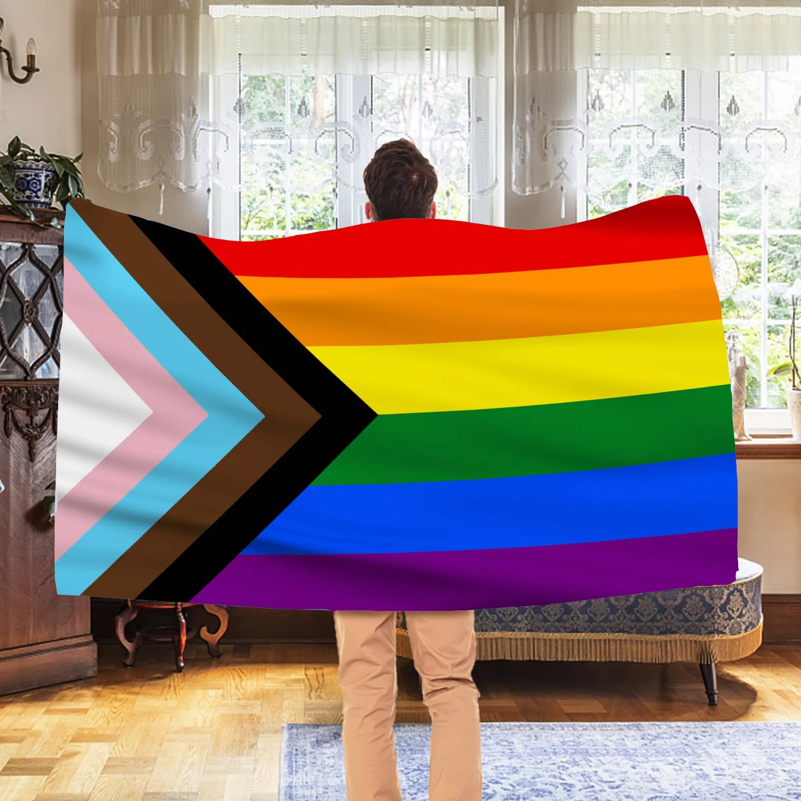 AhfuLife Flaga Progress Pride, a flaga LGBTQ+, tęczowa z szewronem, 1,5 m x 0,9 m na Dzień Dumy, 1 szt. flaga dumy postępu - dwustronna z mosiężnymi oczkami do dekoracji parady na Dzień