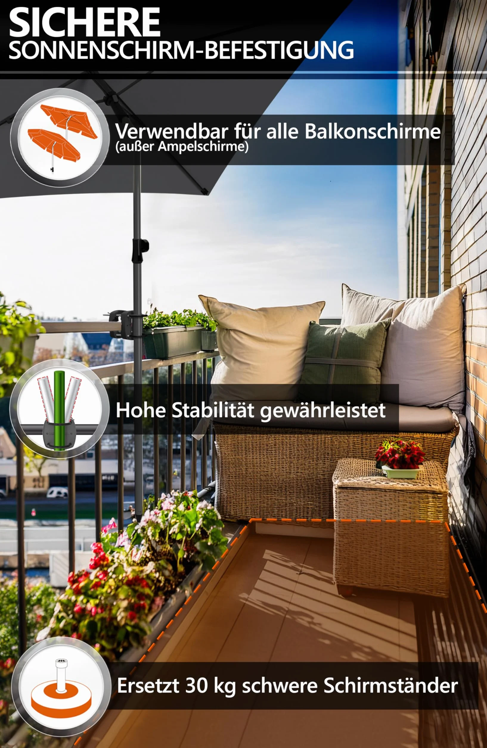 4smile SunnyEasy uchwyt na parasol przeciwsłoneczny czarny na balkon elastyczny montaż