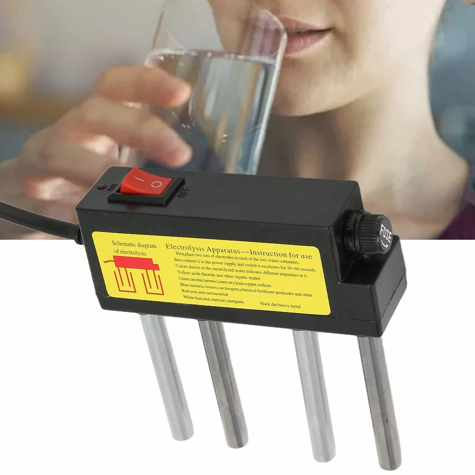 Ejoyous elektrolizator wodny, test elektrolizy z bezpiecznikiem szczelnym, 4 metalowe pręty testowe, cyfrowy tester wody (wtyczka UE)