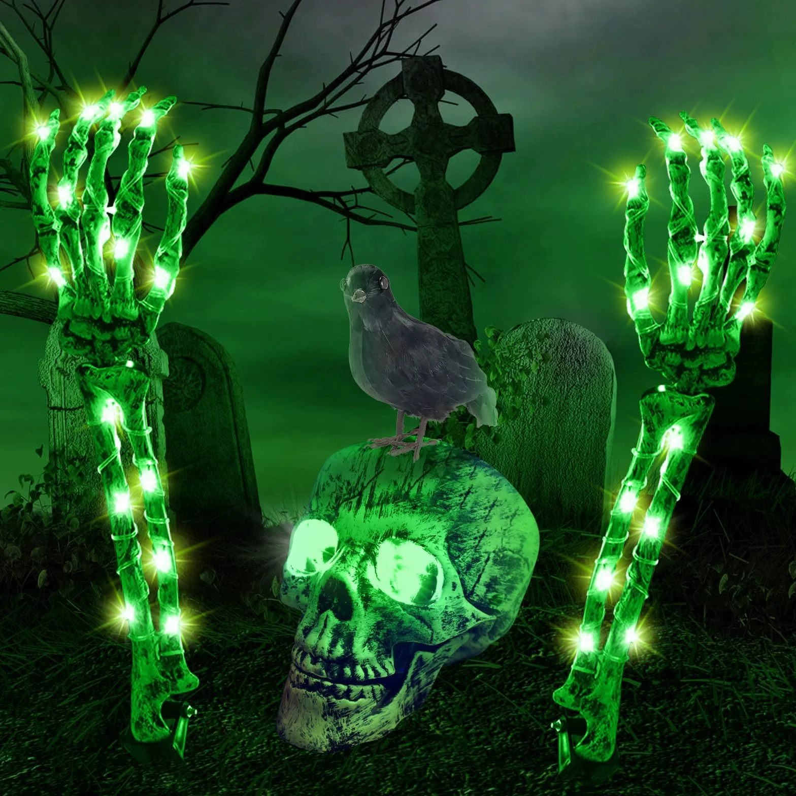 Dekoracja szkieletu na Halloween, jasny, 1 x czaszka i 2 x ręce, Halloween dekoracje szkieletowe na zewnątrz, ogród na cmentarz dziedziniec