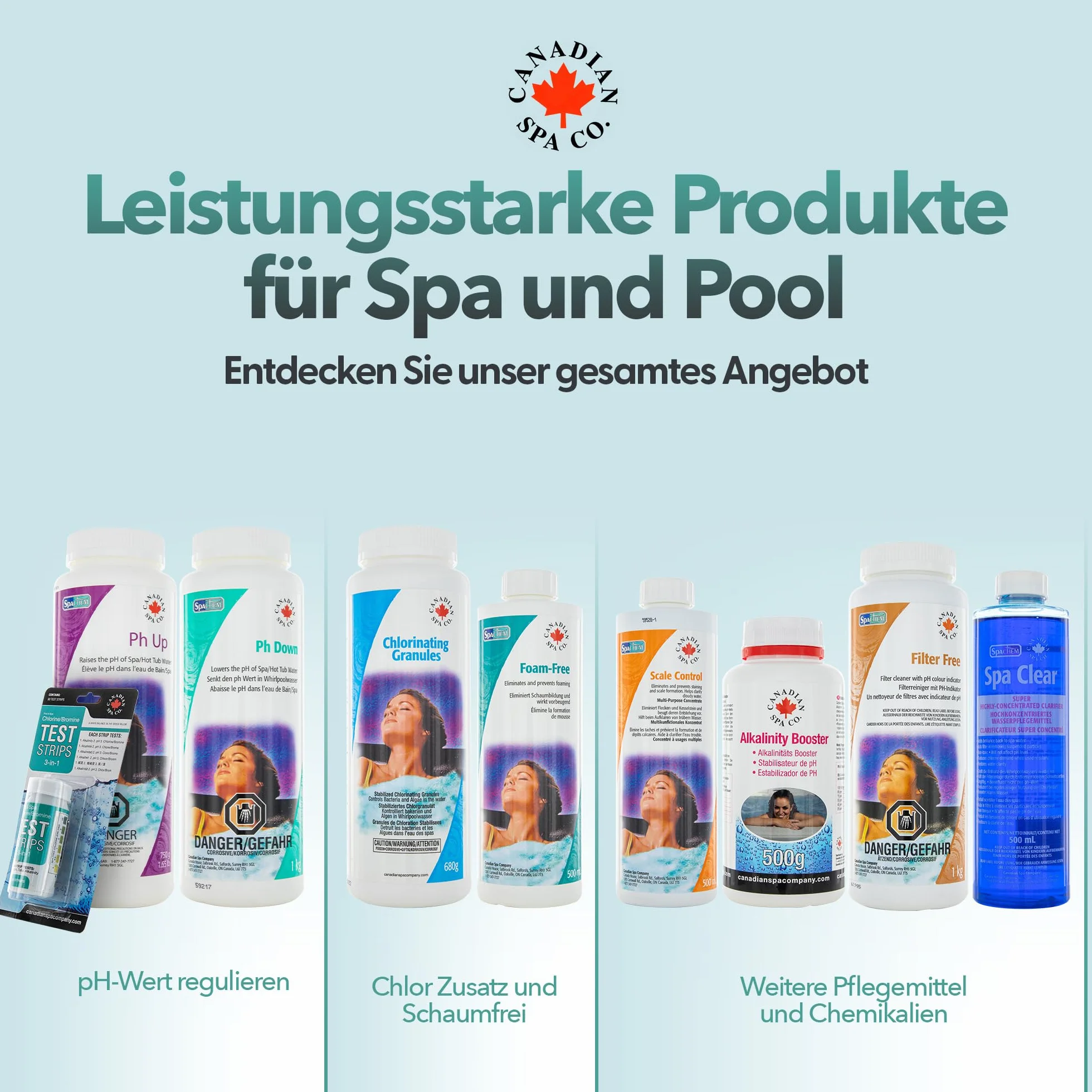 CANADIAN SPA CO. Zestaw startowy do basenu do pielęgnacji wody 5-częściowy z granulatem chloru, środkiem do usuwania piany, środkiem podnoszącym i redukującym pH zestaw do pielęgnacji basenu