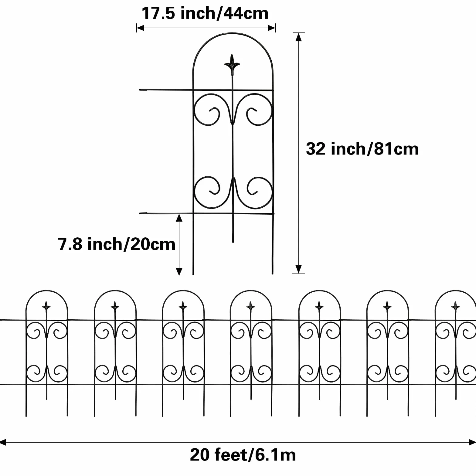 Thealyn Metalowe ogrodzenie ogrodowe 82 cm wys. x 6,1 m szer. nierdzewne panele ogrodzeniowe z kutego żelaza na rabatę kwiatową, drzewa, barierę dla zwierząt