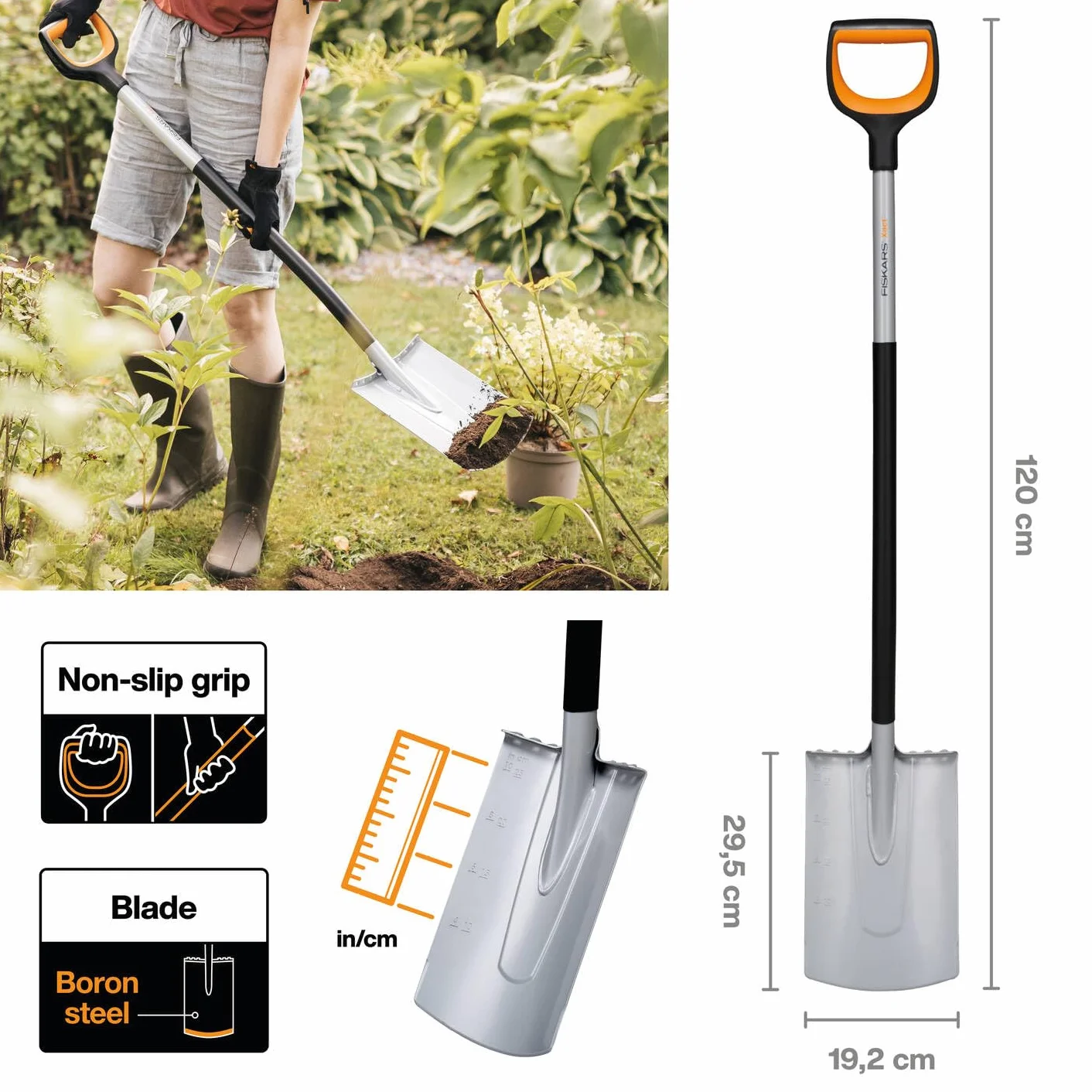 Fiskars Szpadel ogrodniczy do miękkich, mało kamienistych gleb, okrągły, długość: 120 cm, wzmocnione ostrze ze stali borowej, czarny/pomarańczowy, Xact, 1066730