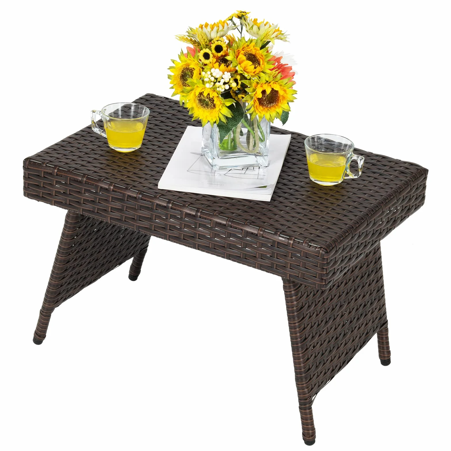 COSTWAY rattanowy składany stolik boczny, polietylenowy stolik kawowy ogrodowy bistro, 60 x 40 x 40 cm stolik kawowy do ogrodu salonu balkonu brązowy (z blatem PCV)