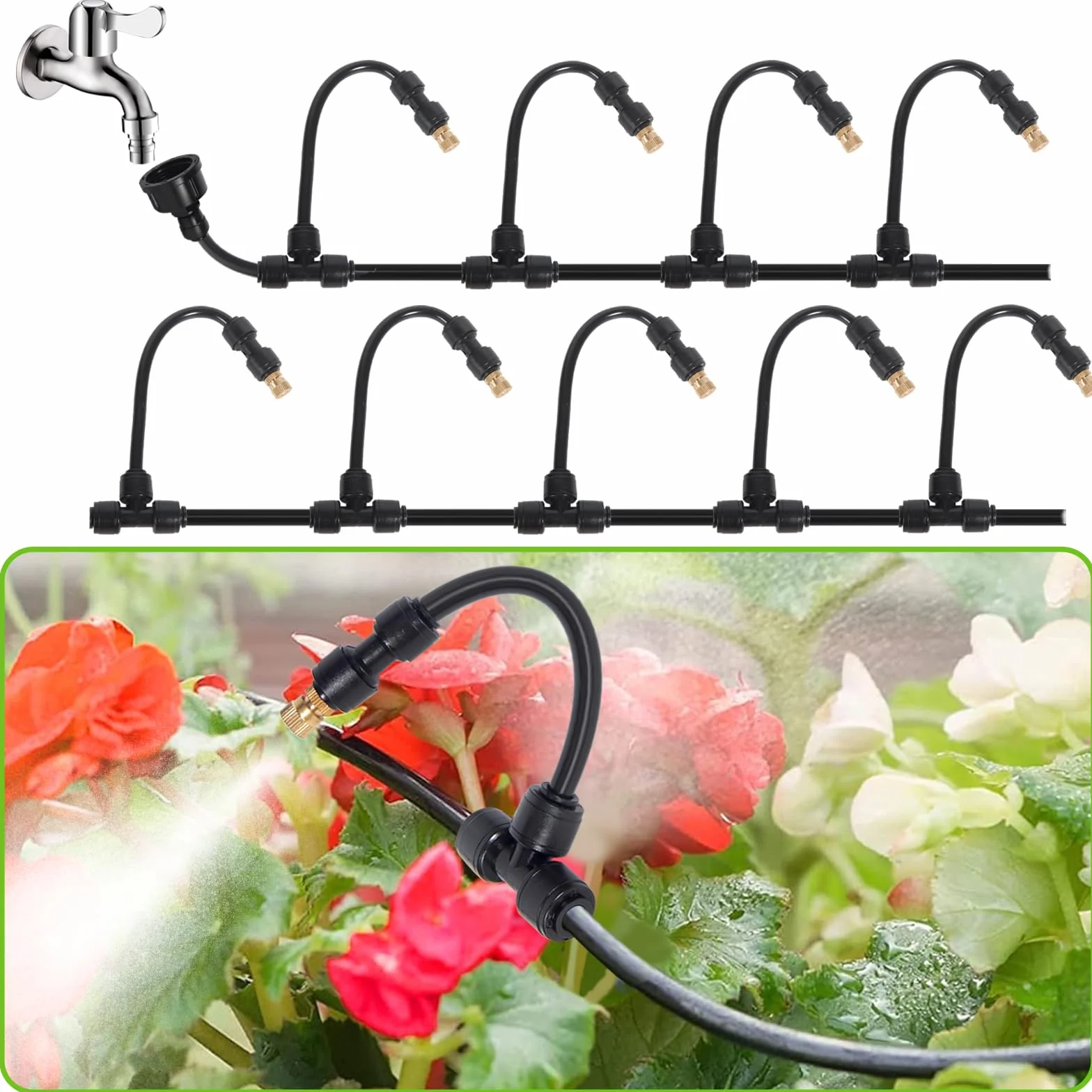 16M Outdoor Mister, 64 szt. Zestawy do nawadniania System zamgławiania z 18 dyszami do mgły ze złączem T + 1 adapter (mosiądz, 3/4") do imprez plenerowych, ogrodów
