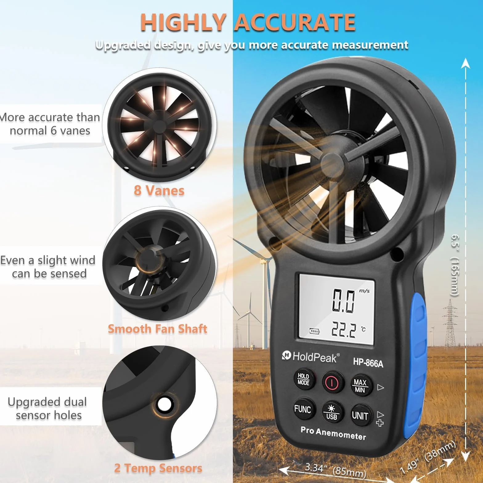 HoldPeak Przenośny cyfrowy anemometr 866A, anemometr VMC m3/h z zapamiętywaniem danych, pomiar przepływu i prędkość powietrza i wilgotność, eksport przez USB