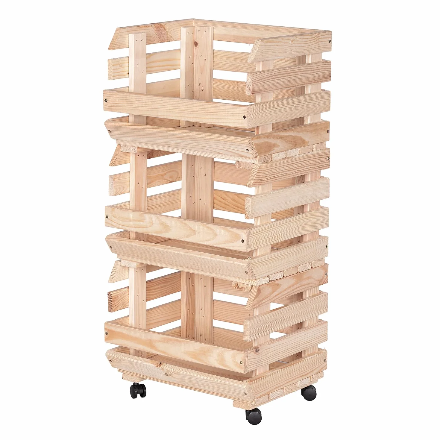 Skrzynia Drewniana na Kółkach 37x79x30 cm Pojemnik na Ziemniaki Owoce Warzywa Regał z Koszami 3 Poziomy