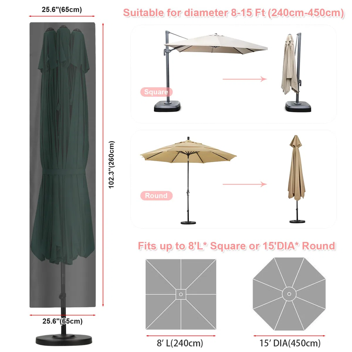 Pokrowiec ochronny na parasol przeciwsłoneczny z prętem, na parasol ogrodowy, Ø 500 cm, duży pokrowiec na parasol przeciwsłoneczny/parasol przeciwsłoneczny, 260 x 65/65 cm