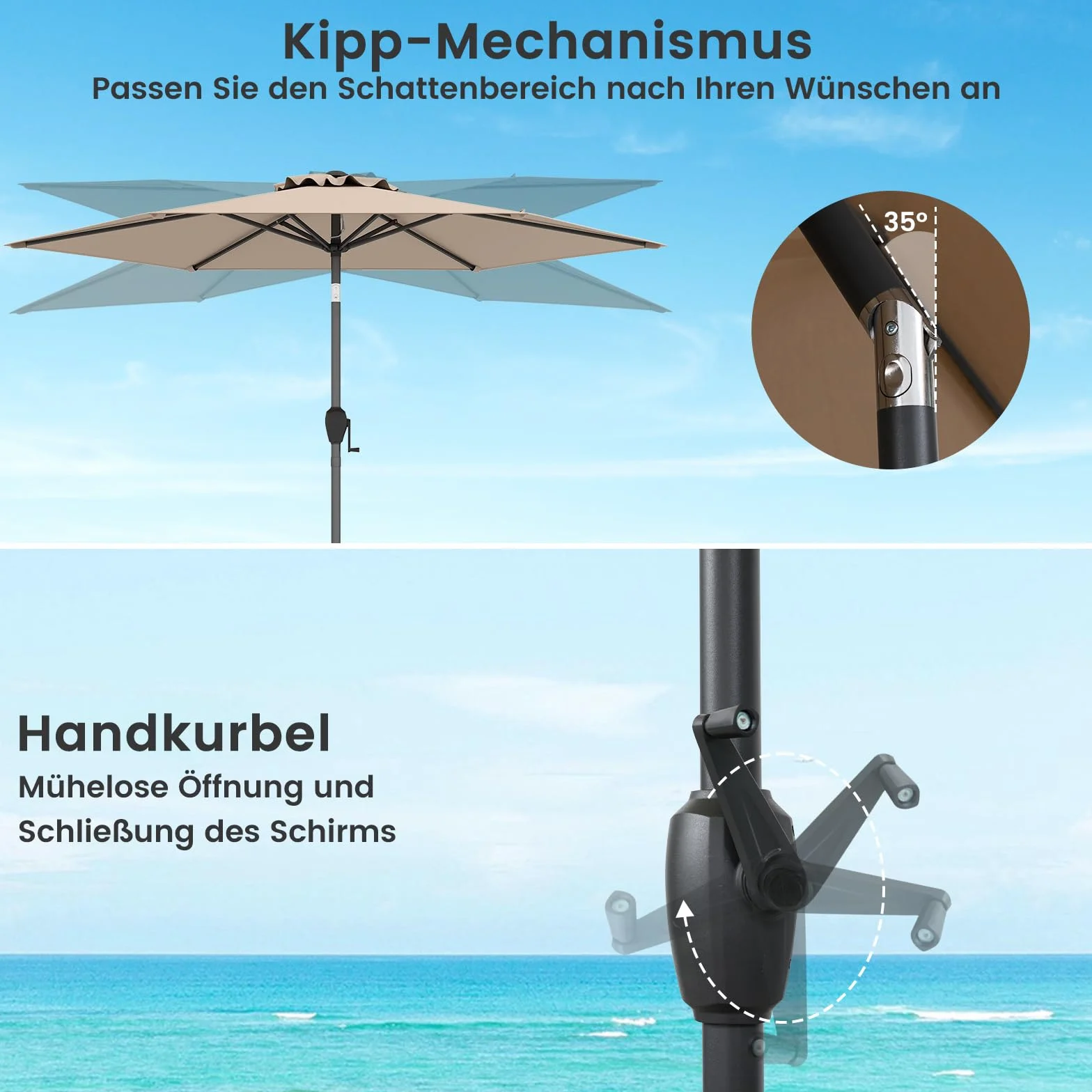 COSTWAY Parasol przeciwsłoneczny 265 cm z korbą obustronnie zginany 30° parasol tarasowy 18 żeber z włókna szklanego aluminiowy drążek