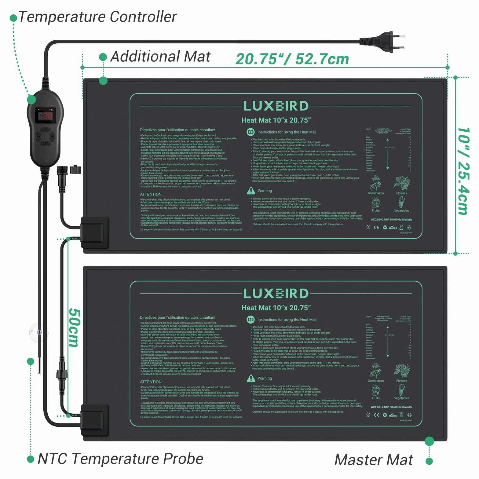 Luxbird Mata grzewcza z termostatem, 2 mat grzewczych z 1 kontrolerem, 30 W, sterowanie jeden do wielu, wodoszczelność IP67, 52,7 x 25,4 cm