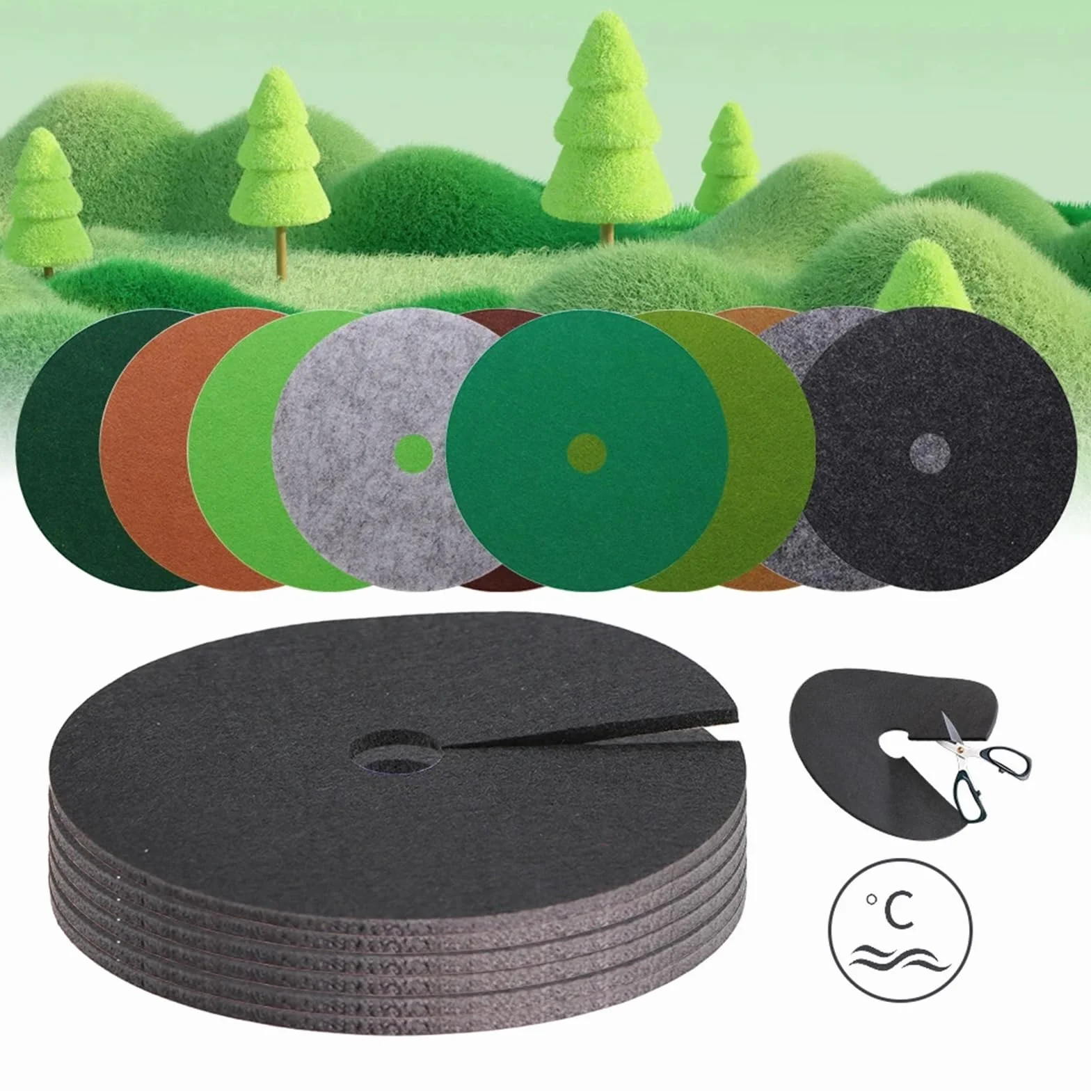 Maty mulczowe w kształcie pierścieni, Pierścień do ściółki z włókniny, wielokolorowy, wiele rozmiarów, opakowanie 10 sztuk o grubości 2 mm(Deep Green X1pcs,42CMX42CMX5CM)