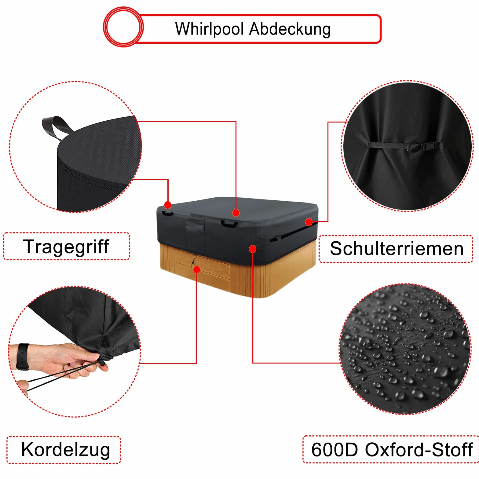 Plandeka do hydromasażu, wodoszczelna, 600D, Hot Tub Cover, osłona SPA, plandeka okryciowa z hydromasażem, ochrona przed wiatrem, promieniowaniem UV, czarna (230 x 230 x 85 cm)