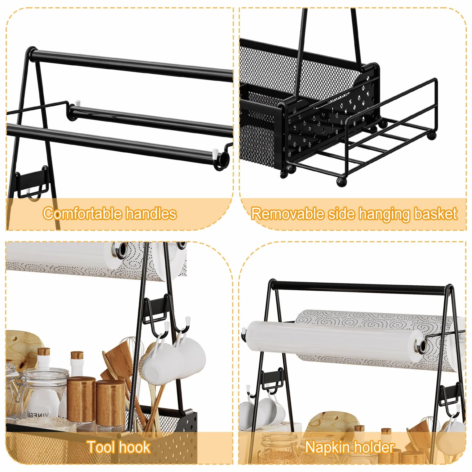 Grill Caddy, pojemnik na przybory do grilla, z uchwytem na ręczniki papierowe i 4 haczykami, metalowy, akcesoria kempingowe, organizer do kuchni, na zewnątrz, akcesoria do grillowania