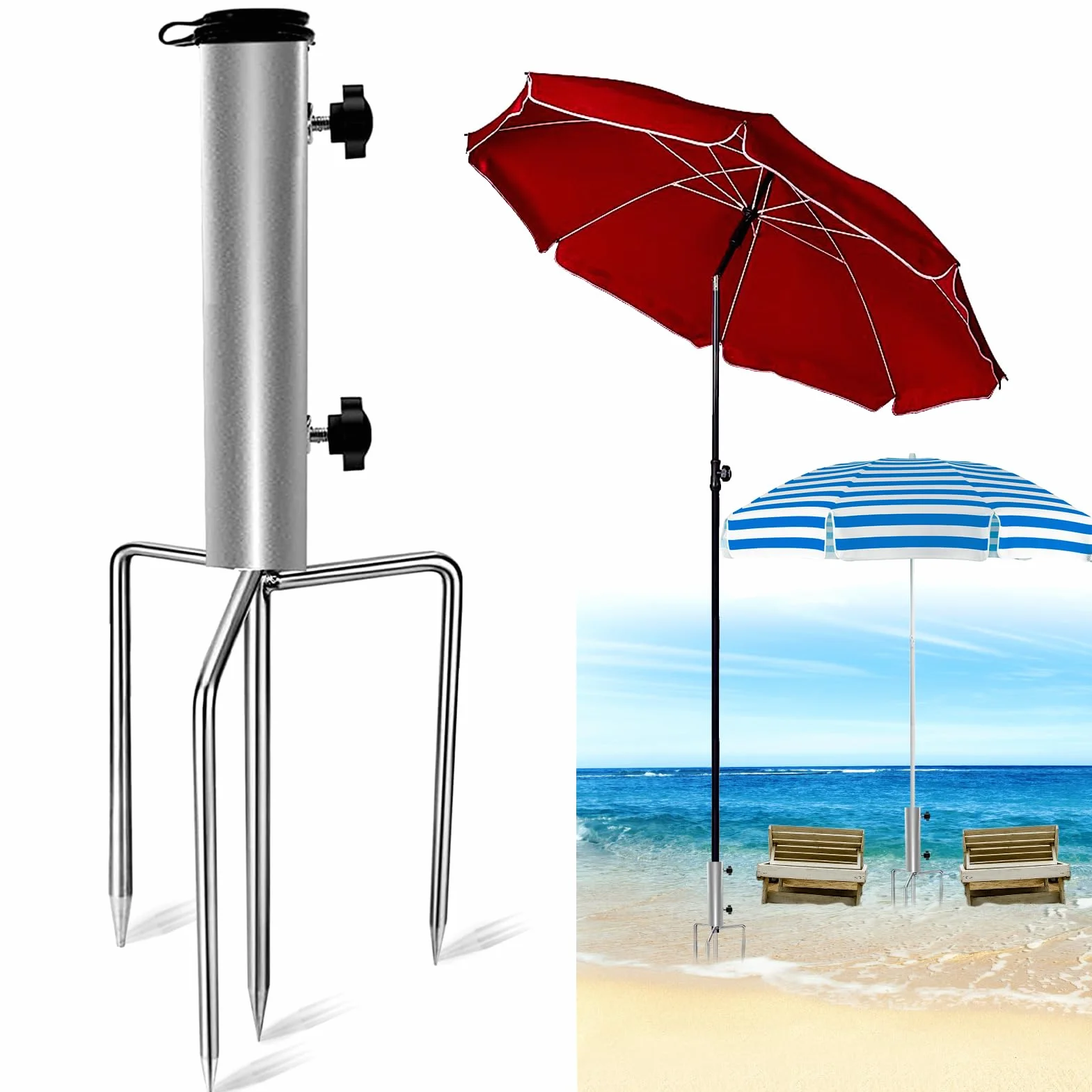Stojak na parasol z kotwicą podłogową, słupek do parasola plażowego z 4 regulowanymi, zdejmowanymi słupkami, gniazdo uziemienia parasola ze stali nierdzewnej, do ogrodu wędkarstwo plaża trawnik