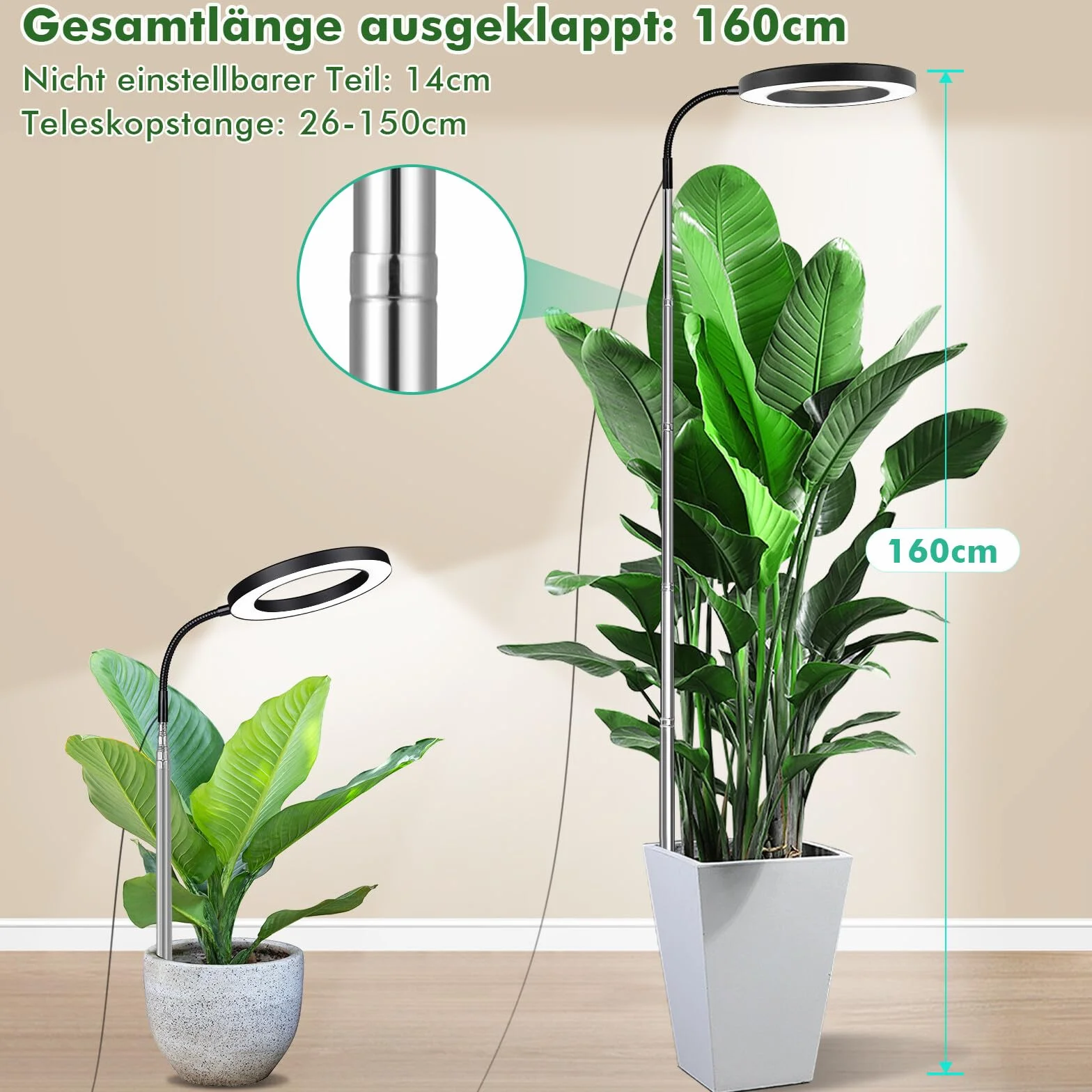 Lampa LED do roślin o pełnym spektrum, 72 LEDs Lampa do uprawy roślin w pomieszczeniach, Oświetlenie roślin 160 cm z gęsią szyją 360°, Timer 3/9/12H, regulowana wysokość, 3 tryby,10 jasności