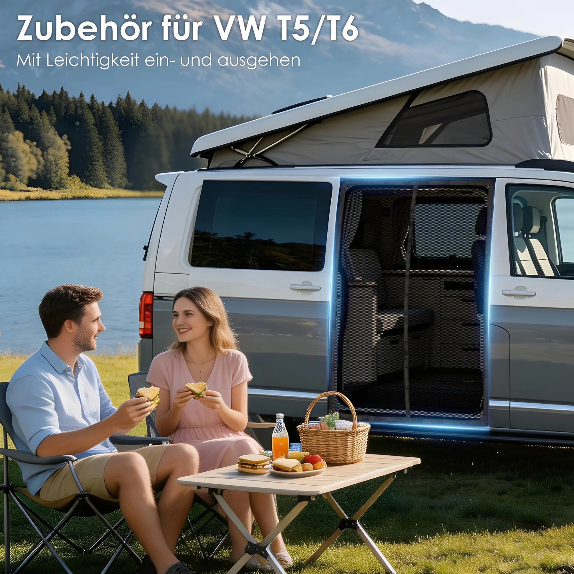 Moskitiera magnetyczna do VW T5 T6 drzwi bocznych, automatyczne zamknięcie na magnes środkowy, 122 g/m² poliester o wysokiej gęstości, siatka 1 mm, ochrona przed owadami na kemping, do aktywności na