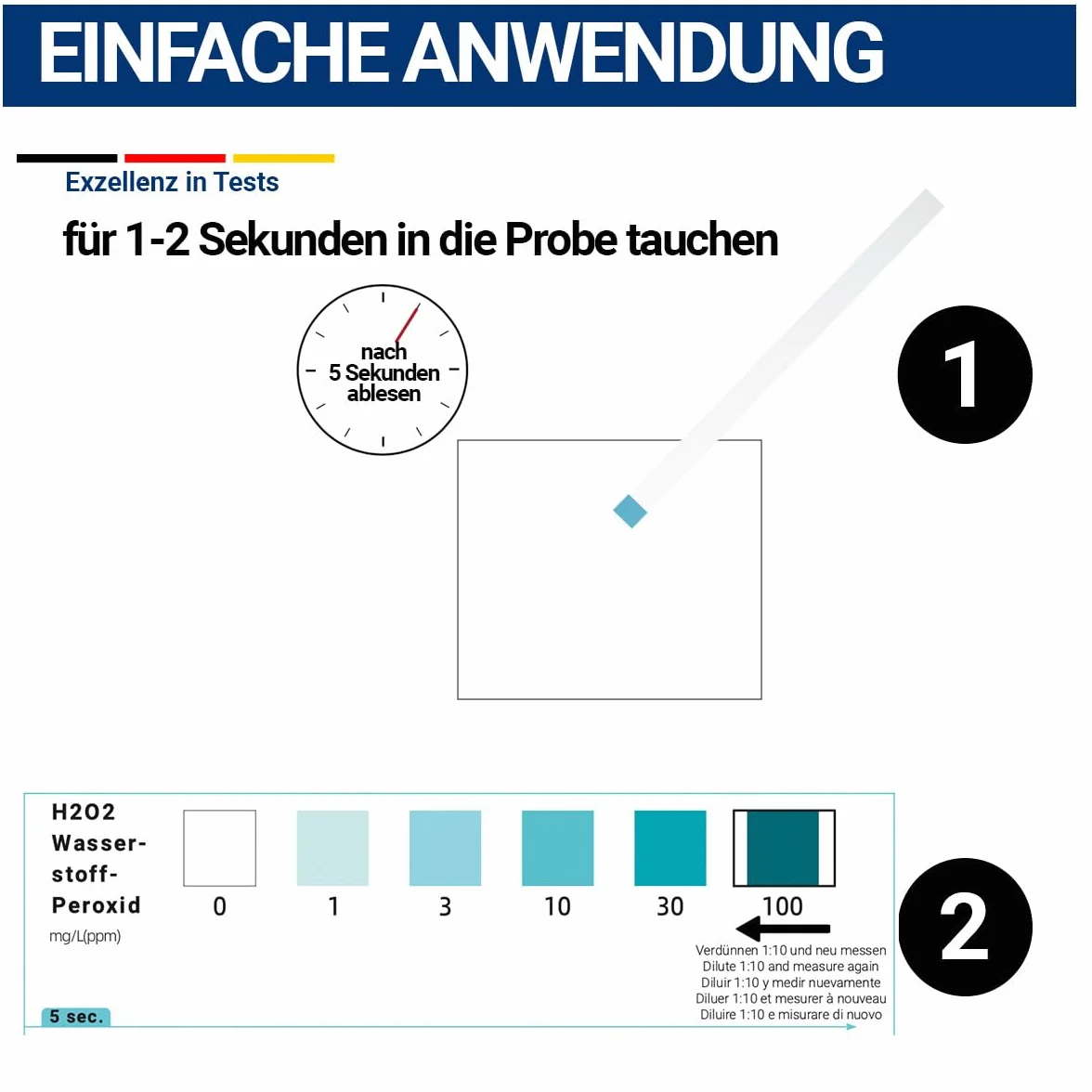100 x H2O2 paski testowe – test wody na nadtlenek wodoru 0-100 ppm – pomiar stężenia – szybkie i łatwe zastosowanie – w zestawie skala kolorów