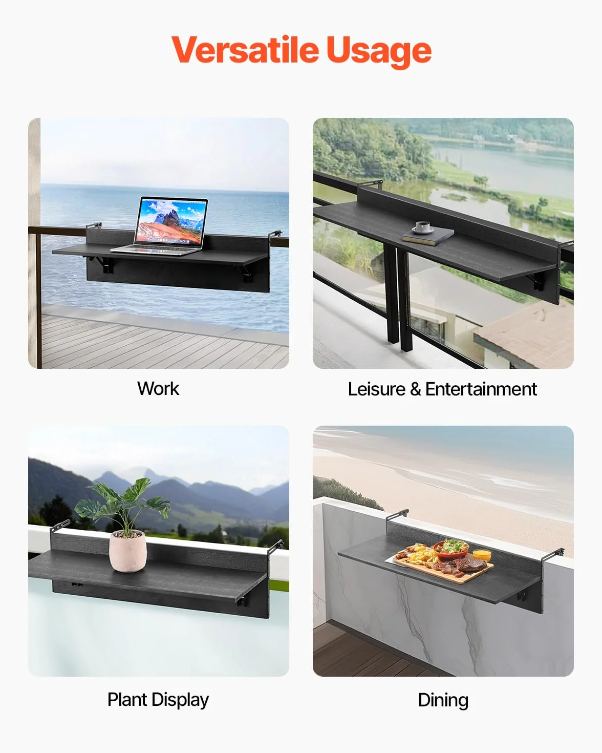 VEVOR Wiszący stół balkonowy, 30 x 81 cm, składany stół balkonowy, obciążenie 22,7 kg, pasuje do balustrady od 2,5 cm do 15 cm, do serwowania na patio i taras