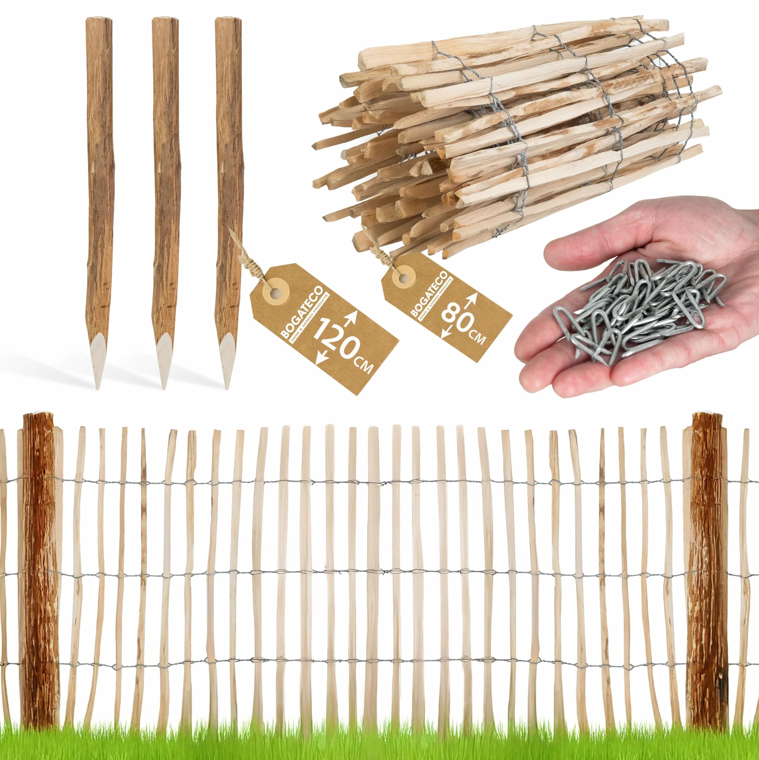 BOGATECO Ogrodzenie sztachetowe z drewna orzechowego laskowego, 80 x 500 cm, ze słupkami 120 cm, odstęp między listwami 7-8 cm, idealnie nadaje się jako ogrodzenie ogrodowe, płot ogrodowy, płot