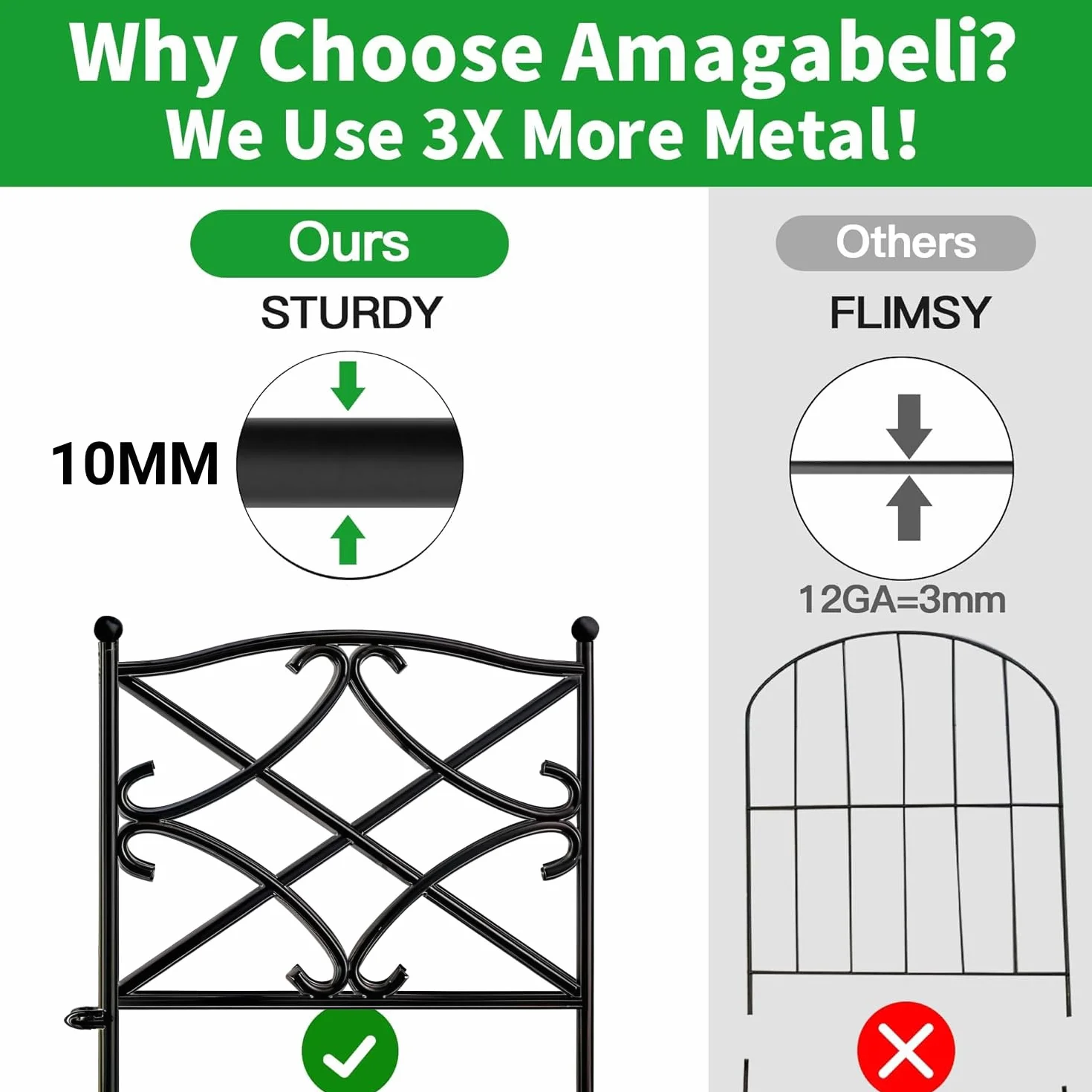 Amagabeli Garden Home 5 szt. 60 cm x 3 m, dekoracyjne metalowe ogrodzenie ogrodowe, płoty ogrodowe, kompletny zestaw, ogrodzenie, metal, drewno, drut