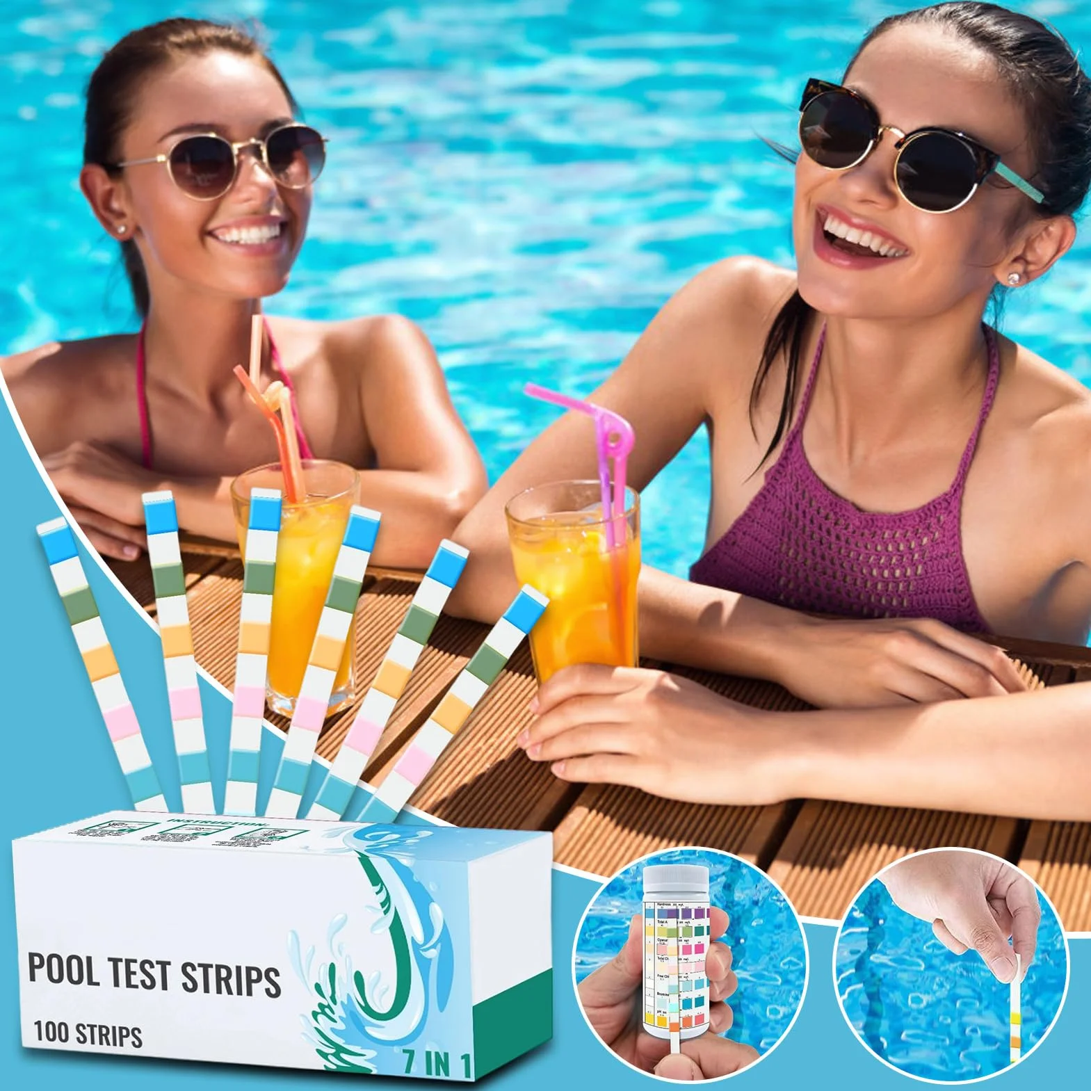 Pool Water Testing Strips, Water Quality Tester, 1.89x4.41in 100-Piece Quick and Simple to Use, Accurate Test for Homeowners, Swimmers, Hot Tub Users, Spa Owners, and Aquarium Enthusiasts