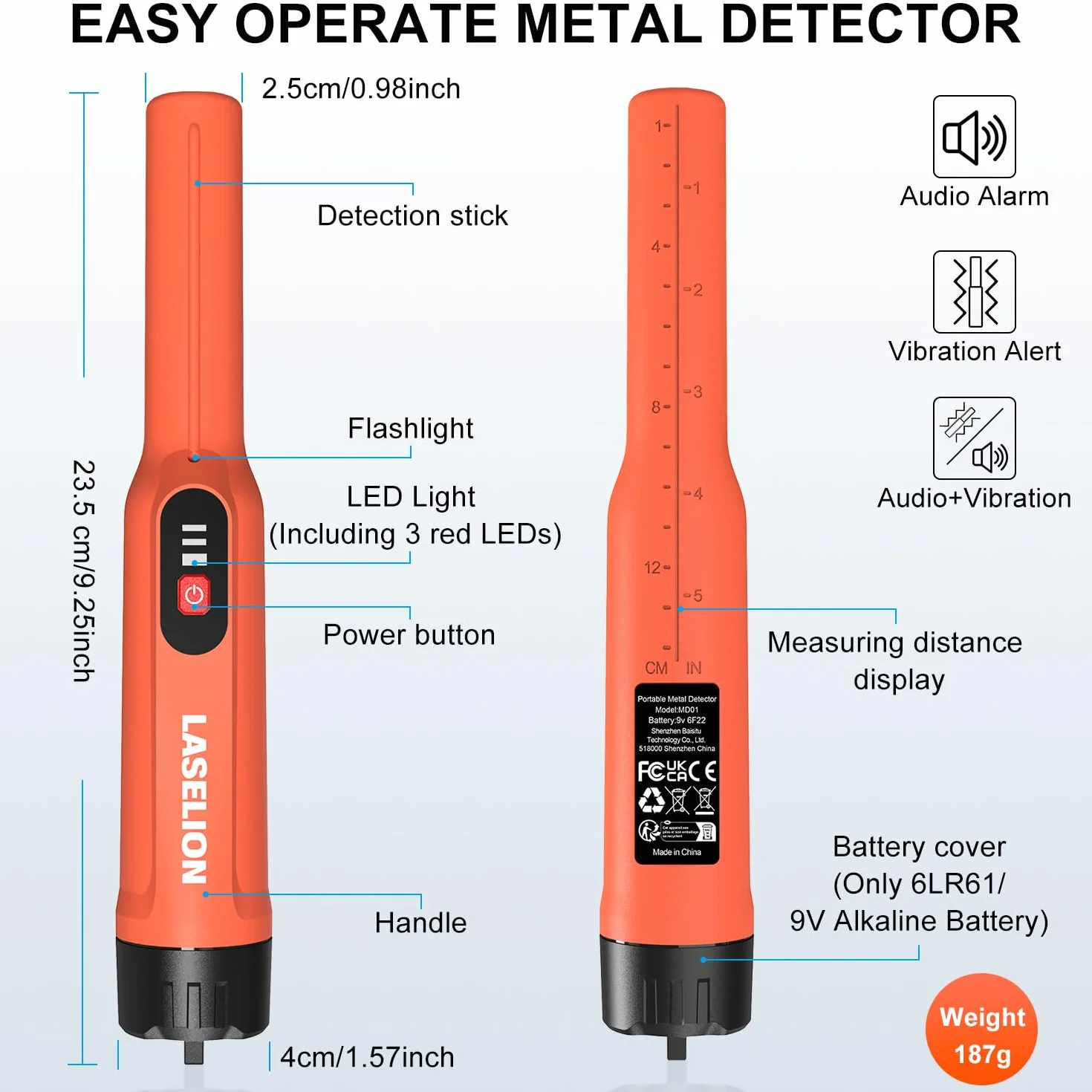 LASELION Pinpointer, profesjonalny wykrywacz metali, IP68, w pełni wodoodporny, wykrywanie 360°, ręczna wskazówka, sonda poszukiwawcza skarbów z baterią 9 V, dla dorosłych, dzieci, pomarańczowa