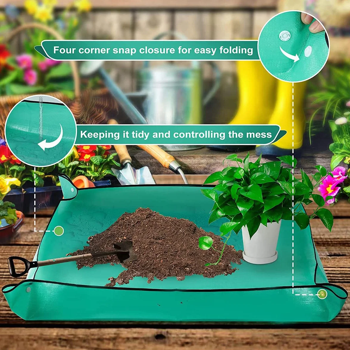 2 Stück 100 x 100cm Pflanzmatte Faltbare mit 1cm x 10m Pflanzenbinder(2 Rolle) für Gartenbaubepflanzung, wasserdichte Gartenmatte, Verstellbare Gartenarbeitsmatte