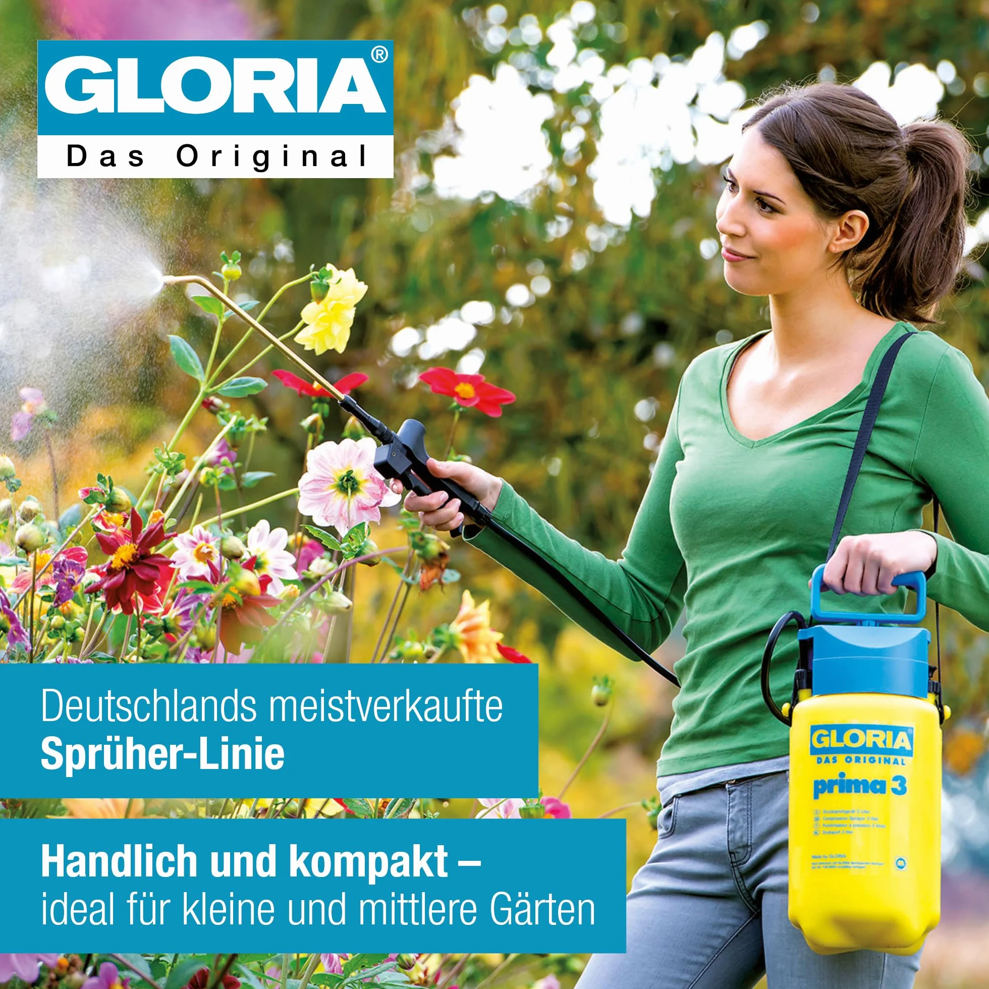 GLORIA Prima 3 Opryskiwacz ciśnieniowy, ogrodowy, pojemność napełniania 3 l, regulowana, mosiężna dysza, kompaktowy, do małych ogrodów