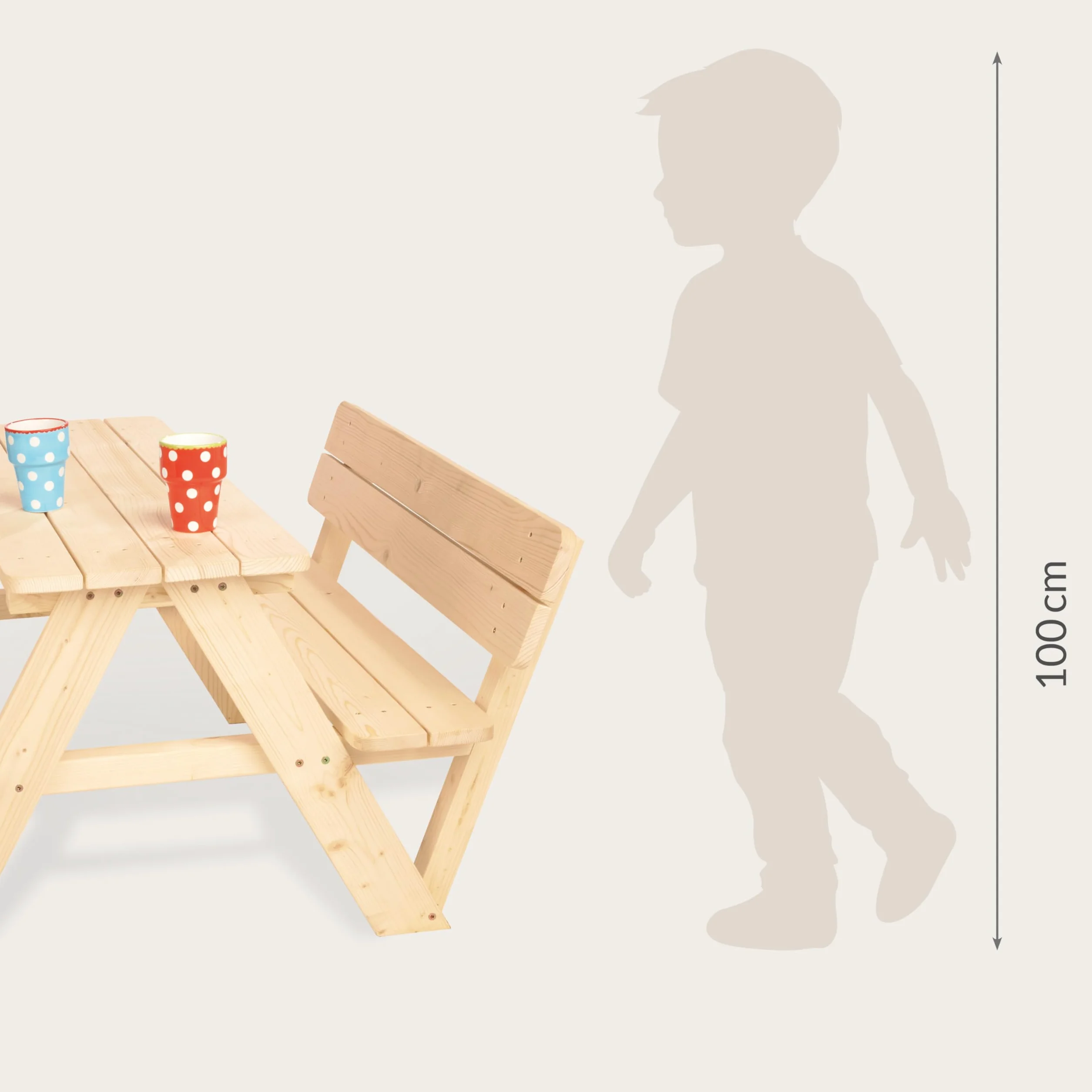 Dreieckiger Kinder-Picknicktisch Nicki für 4 mit Lehne, natur