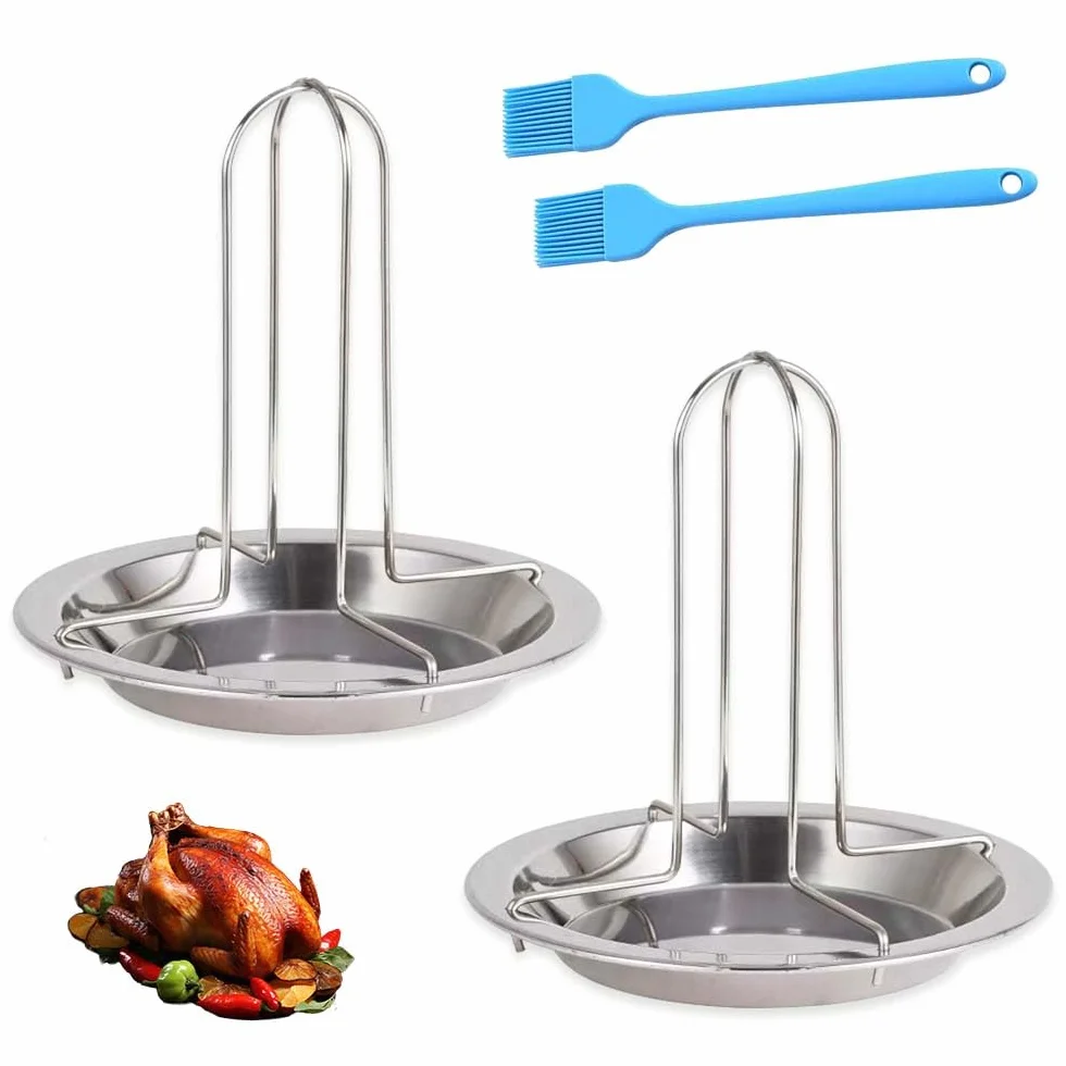 2 x stojak do pieczenia kurczaka ze stali nierdzewnej, stojak na grilla z 2 pędzlami olejowymi, do piekarnika, grilla, na kemping, do gotowania na świeżym powietrzu