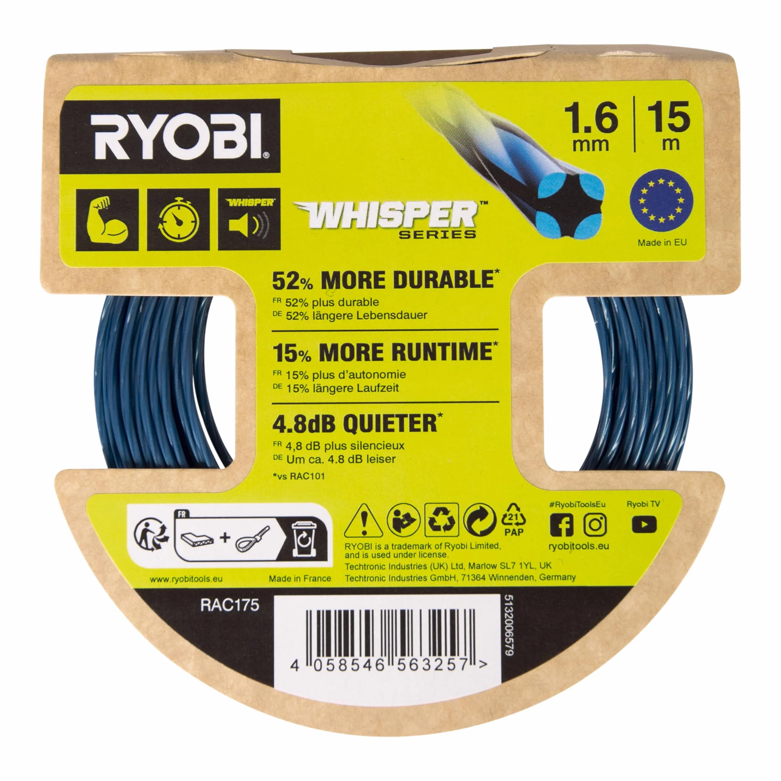 RYOBI - 15 m skręconego drutu Ø 1,6 mm - Uniwersalny dla wszystkich marek - idealny do cięć krawędziowych RYOBI - RAC175