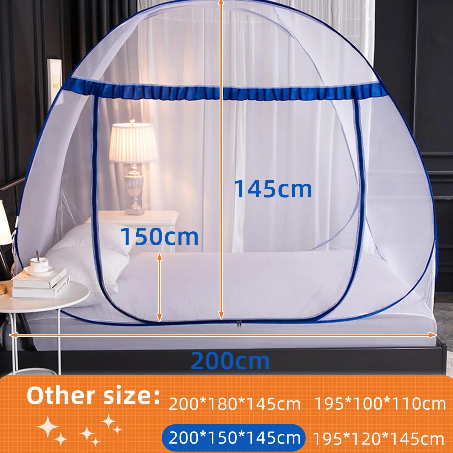 Moskitiera na łóżko Pop Up – składany namiot kempingowy do sypialni i na zewnątrz, łatwa instalacja (niebieska, 200 x 150 x 145 cm)