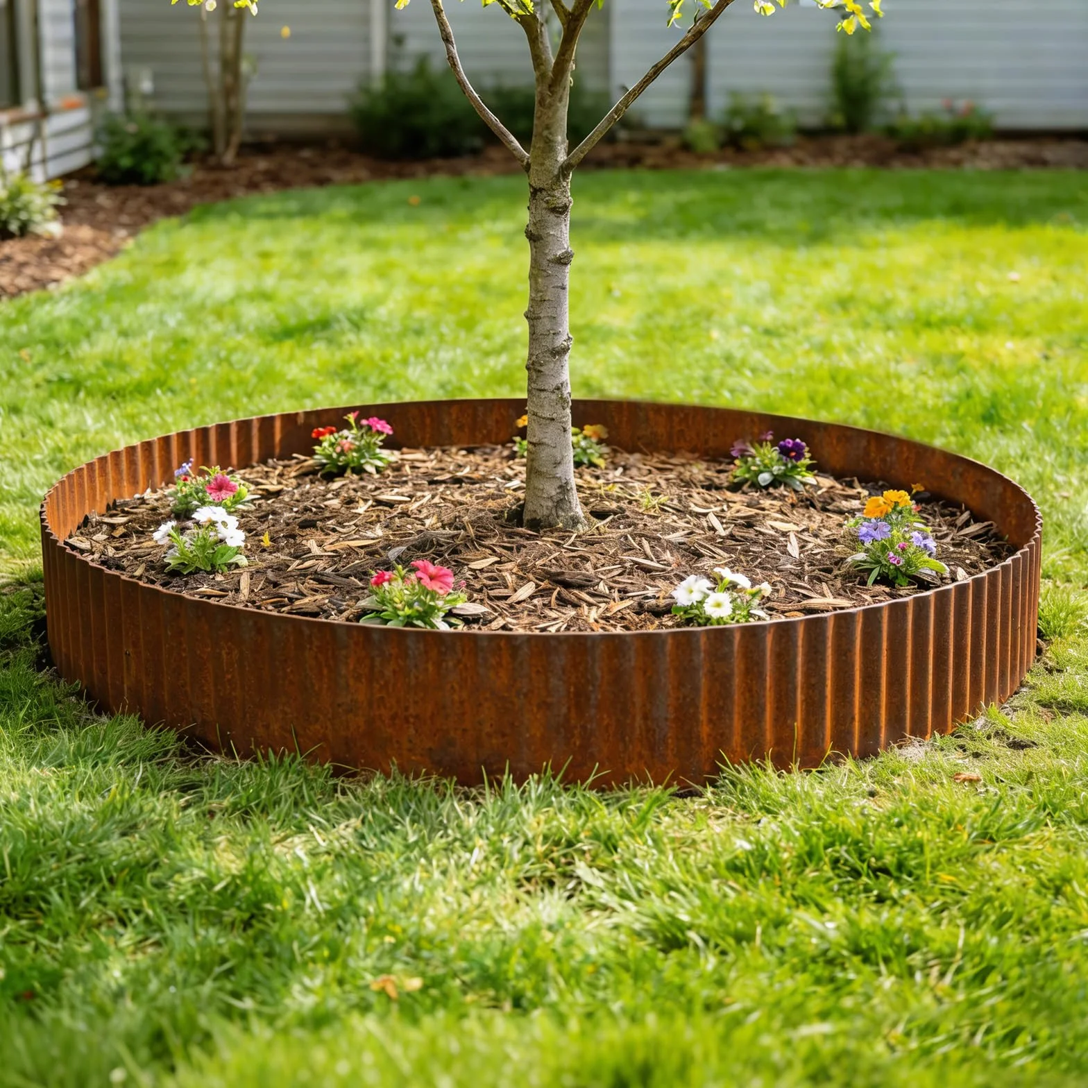 Obrzeże ogrodowe ze stali Corten 12 m x 14 cm, metalowe obramowanie trawnika, krawędź trawnika z rdzy, 1 para rękawic w zestawie, do ograniczania rabatek (kształt falisty, 12 m x 15 cm)