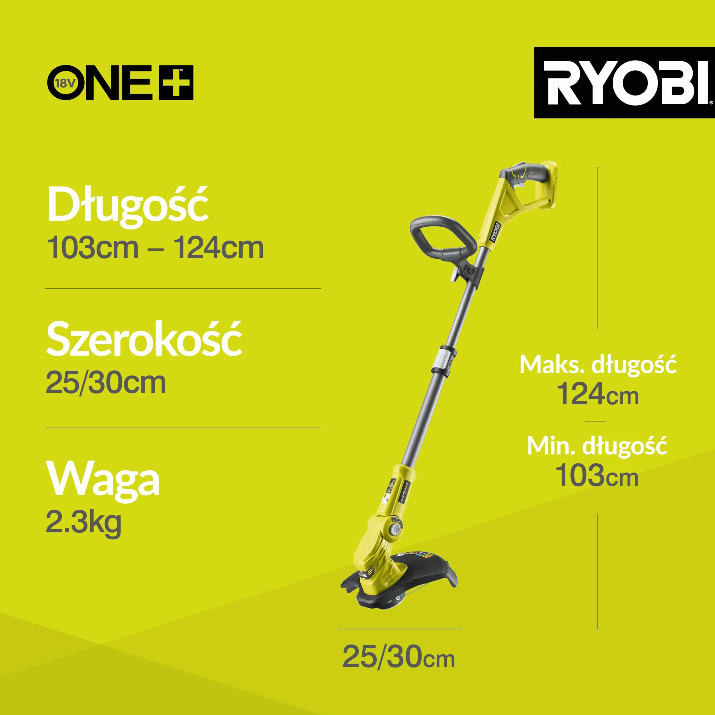 Ryobi Podkaszarka 18 V, OLT1832, Szerokość Koszenia 25 cm Lub 30 cm, Teleskopowy Regulowany Wysięgnik, Wersja bez Akumulatora i Ładowarki