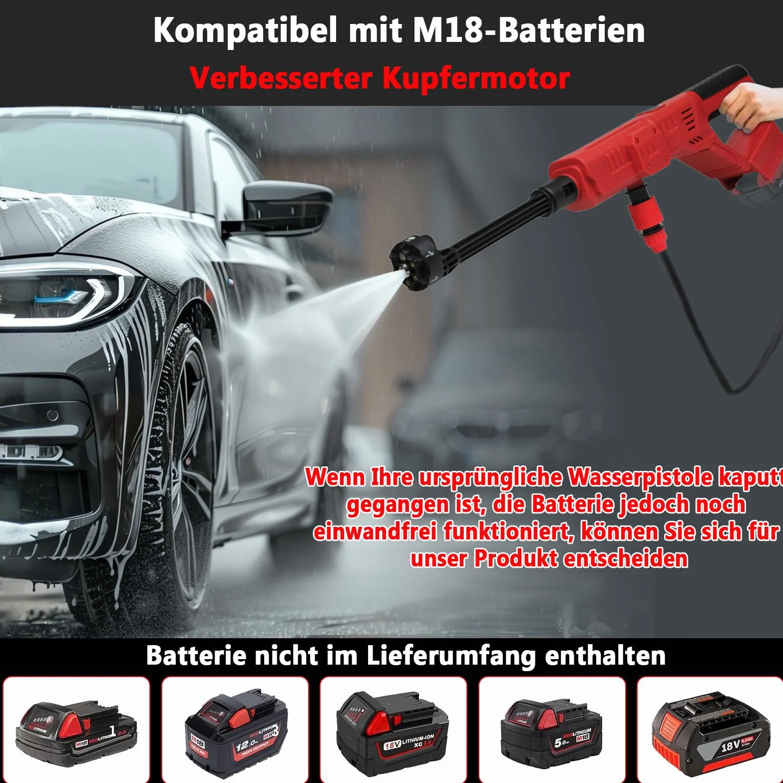 Akumulatorowa myjka wysokociśnieniowa 69 barów/1000 psi, Aartner 6 w 1, kompatybilna z akumulatorem Milwaukee 18 V, przenośny akumulatorowy pistolet do czyszczenia bez akumulatora do samochodów, okien