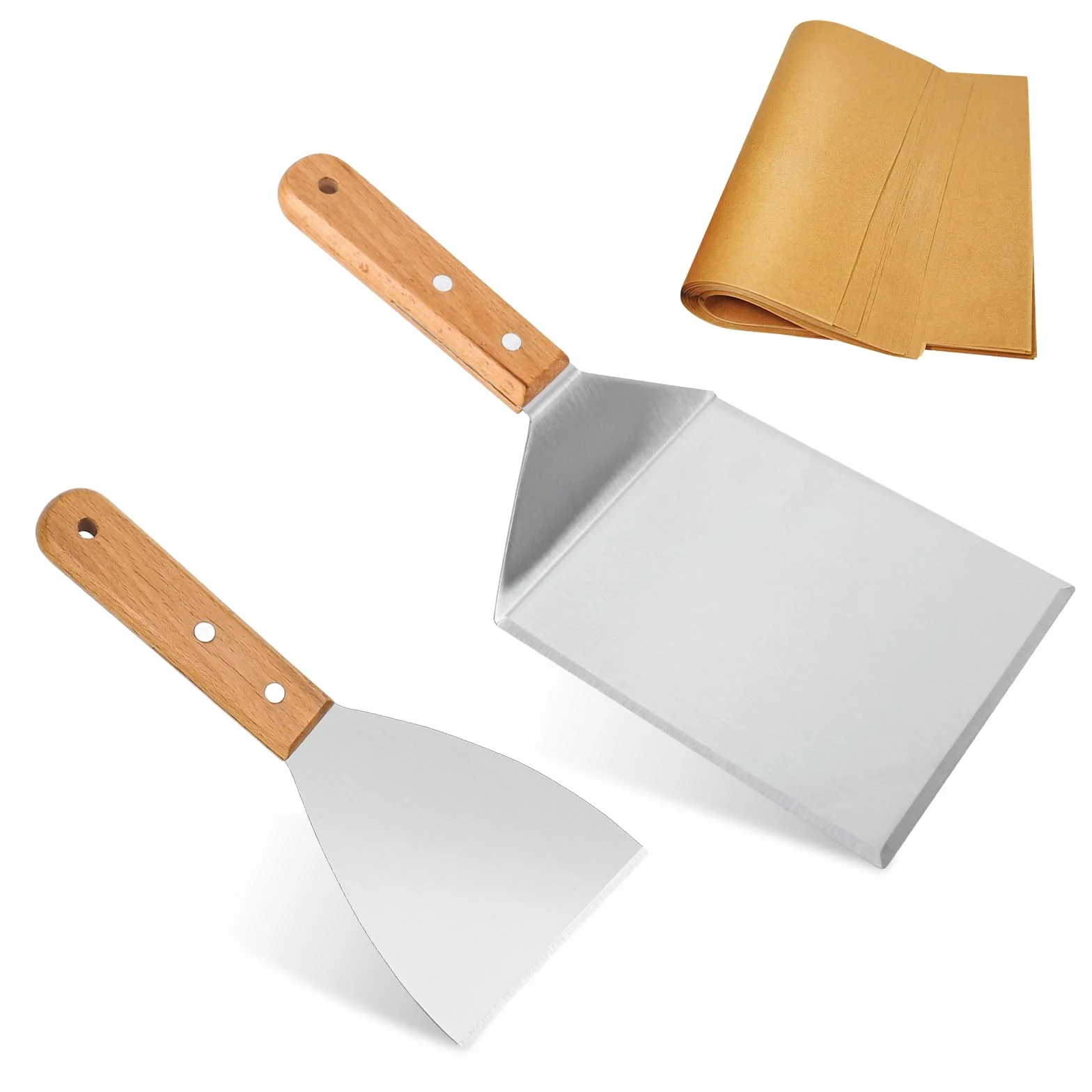 Zestaw 2 łopatek do grilla ze stali nierdzewnej, drewniany uchwyt, akcesoria Teppanyaki