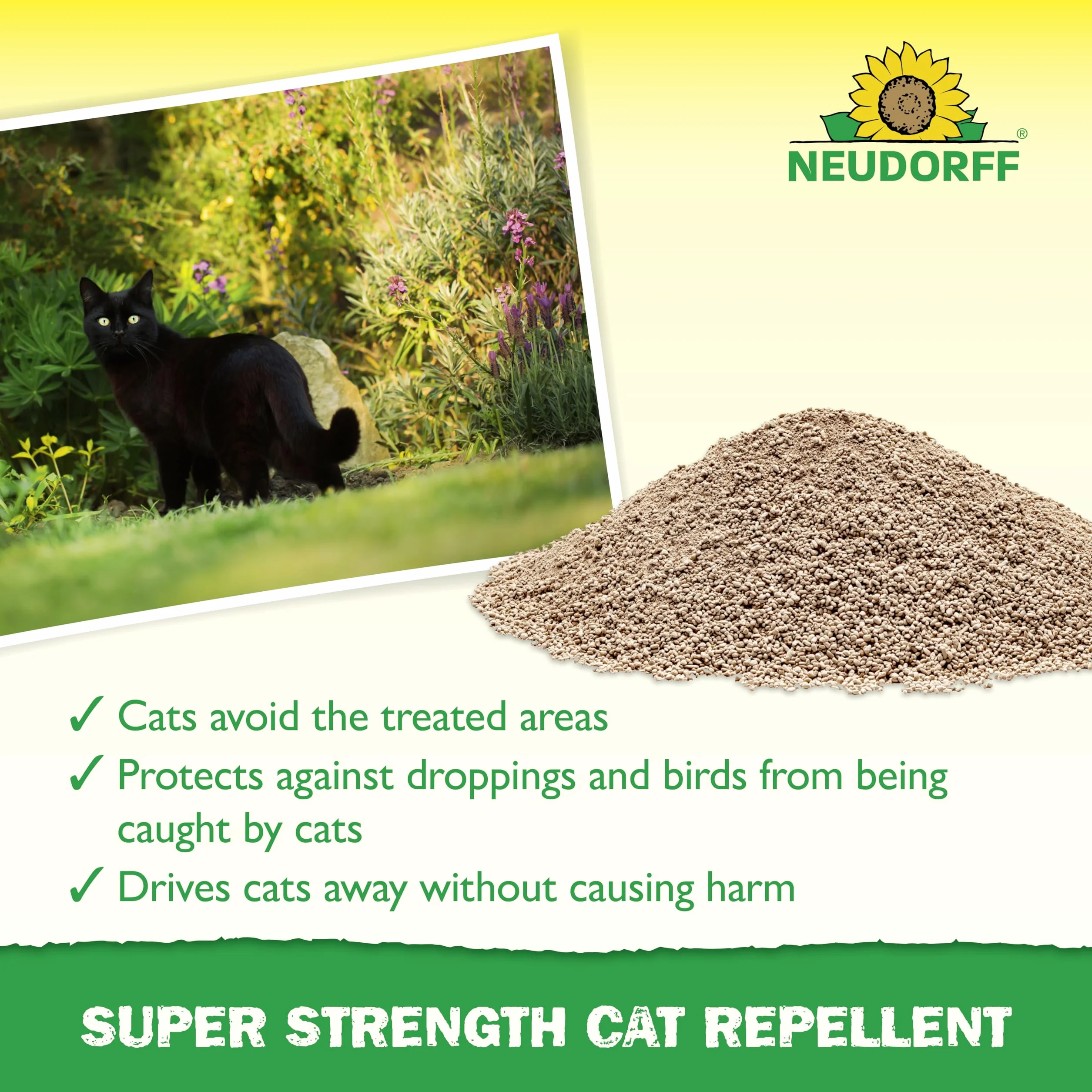 Neudorff Super Strength odstraszacz kotów – gotowy do użycia środek odstraszający skutecznie odstrasza koty bez ich szkody – pokrywa 200 m², 500 g