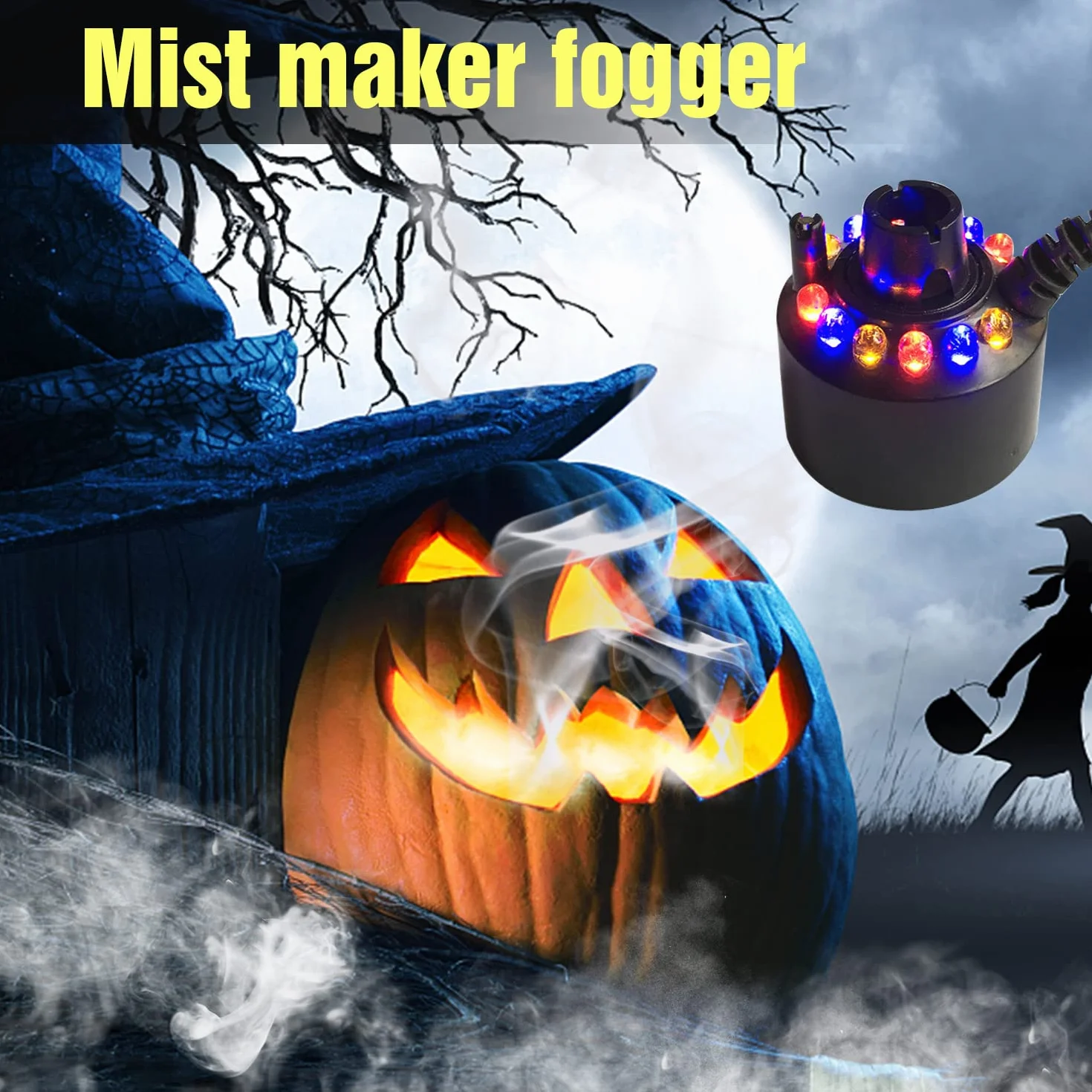 RoserRose Ultradźwiękowy nebulizator, 12 diod LED Three Color Gradient Atomizer Mist Maker Mgiełka wodna Fogger ze zdejmowaną ochroną przed pryskaniem, do fontanny, kociołka czarownicy Halloween