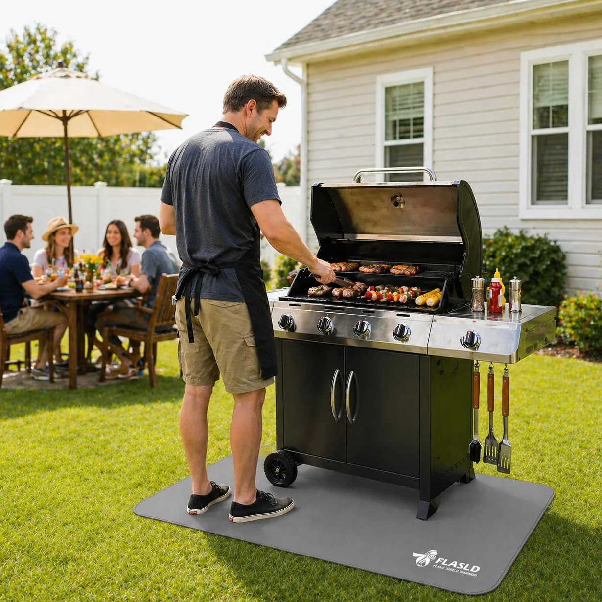 FLASLD Mata pod grill, 91 x 122 cm, podkładka do grillowania, nadająca się do prania, mata podłogowa, aby chronić pokłady i patio przed tłuszczem i ciepłem, ognioodporna mata kominkowa, szara
