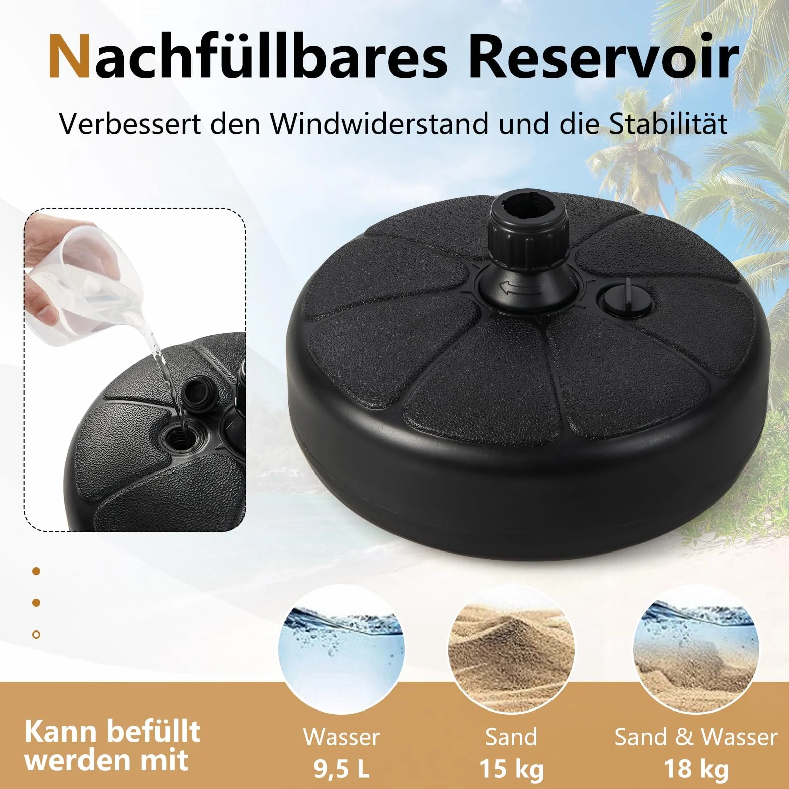 COSTWAY Stojak na parasole przeciwsłoneczne, możliwość napełniania, stojak na parasole o średnicy 38 mm, Ø 37 cm, stojak na parasol przeciwsłoneczny, stojak na parasole do ogrodu, na balkon