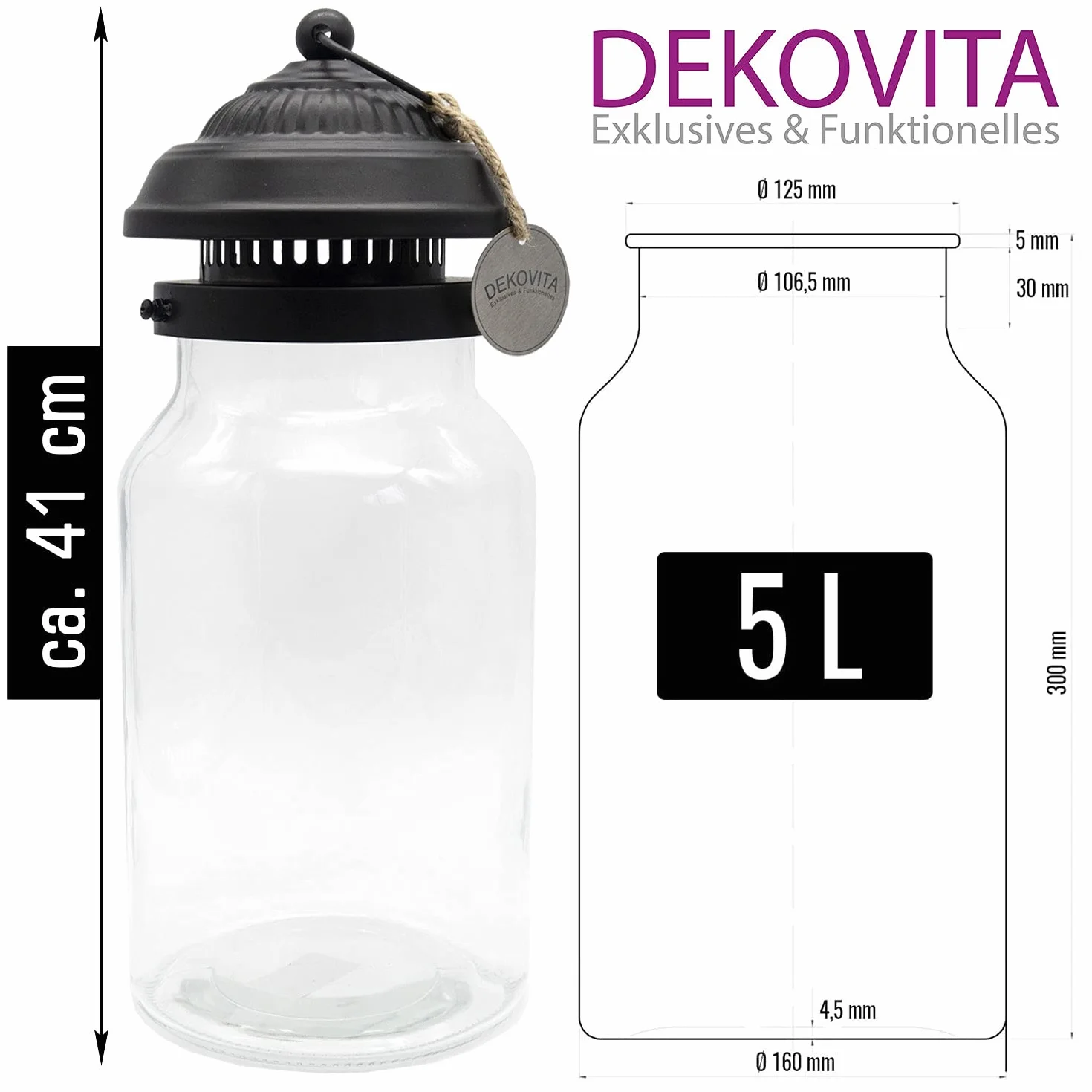 Dekovita Szklanka do terrarium z pokrywką – 5 l szkło dekoracyjne latarnia wazon – 16 x 41 cm słoik do roślin DIY ogród butelkowy