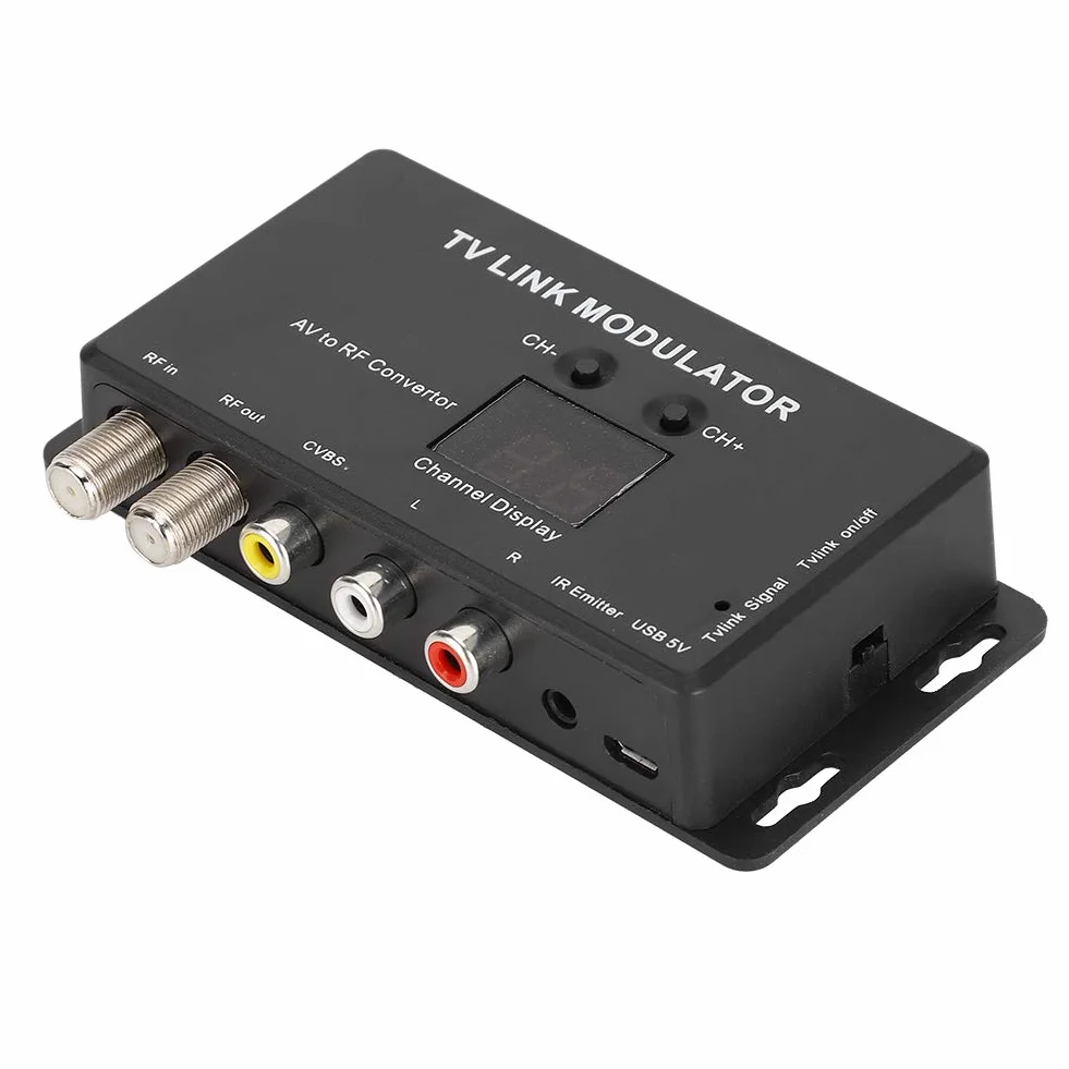 ASHATA UHF modulator, TM70 UHF TV LINK Modulator Konwerter AV na HF Przedłużacz podczerwieni z wyświetlaczem kanałów, obsługuje PAL/NTSC z kablem USB do ładowania laptopa
