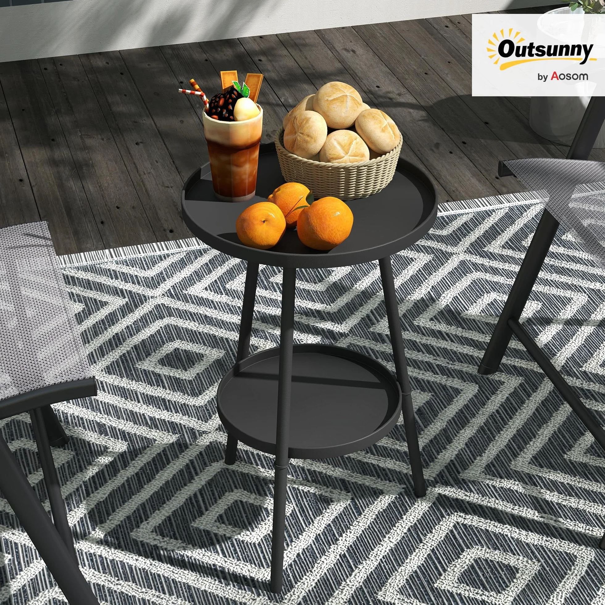 Outsunny Stolik pomocniczy do ogrodu, dwupoziomowy stolik balkonowy z podwyższonymi krawędziami, okrągły stolik kawowy, obciążenie 30 kg, Ø32 x 51H cm, stolik na balkon, taras, biuro, czarny