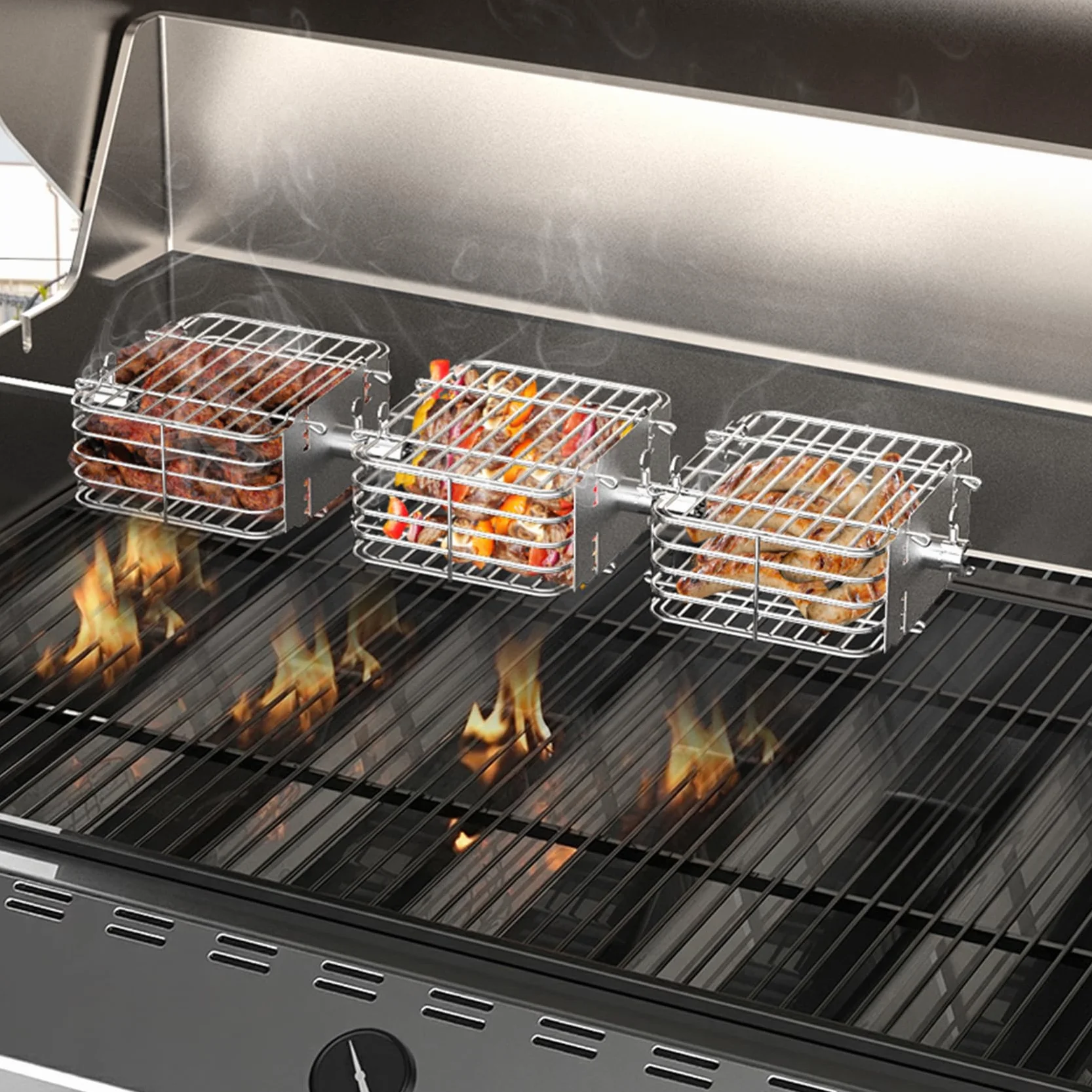 Onlyfire Zestaw 3 koszy grillowych do szaszłyków z rożna, kosz ze stali nierdzewnej do szaszłyków z rożna Płaski kosz grillowy do rożna Akcesoria do szaszłyków z rożna do skrzydełek z kurczaka