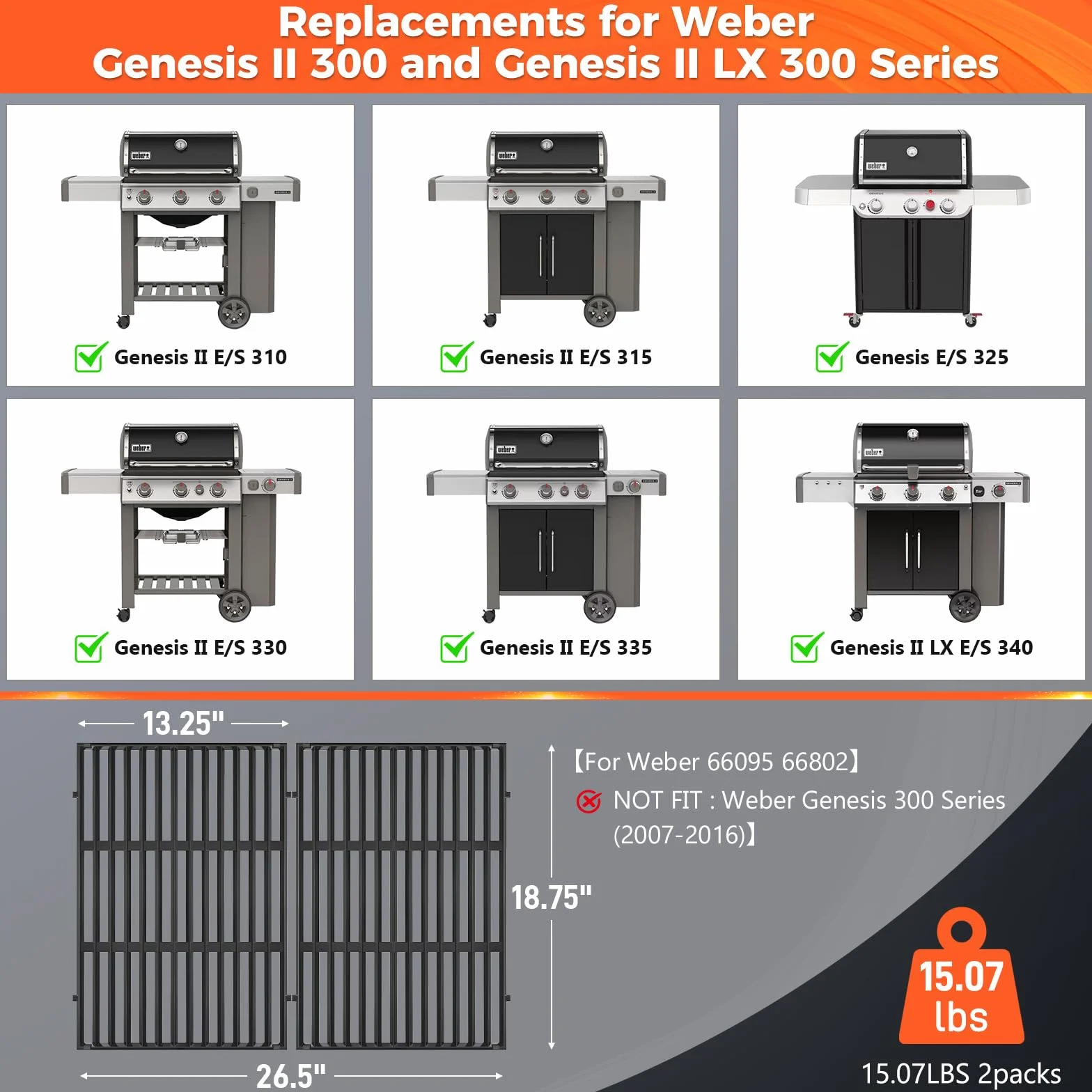 Kratki grillowe 47,6 cm do grilli Weber Genesis II 300 i Genesis II LX 300, części do grilla Weber Genesis 2 E310, Genesis II E310 315 335, żeliwne emaliowane porcelaną zamienne kratki do Weber 66095