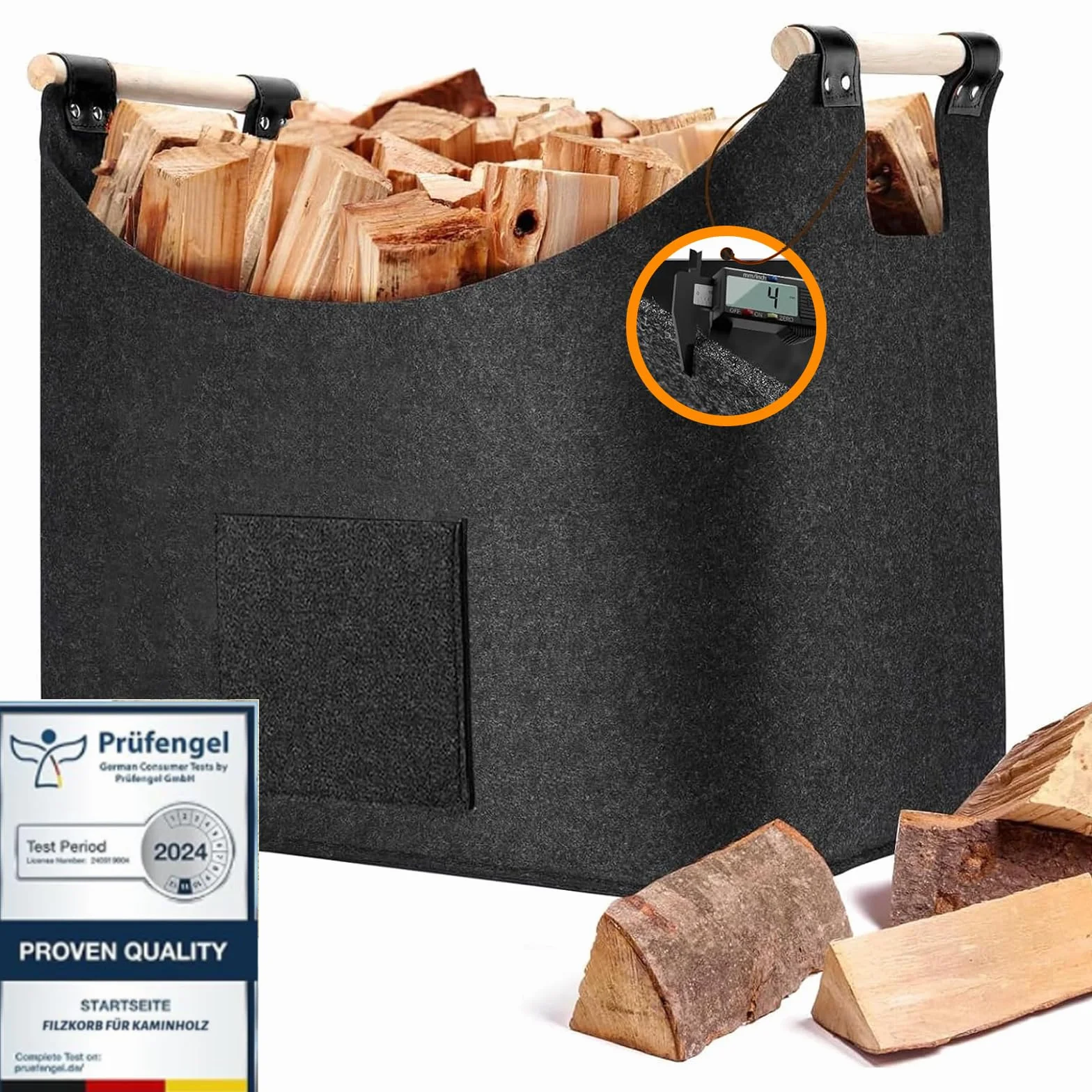 XL Kosz na drewno 50 l, 45 x 32 x 38 cm, duży kosz na drewno wewnętrzne, bardzo gruby szary filcowy pokrowiec na drewniane łuski ze zdejmowanym uchwytem na zakupy, drewno, gazety lub drewno