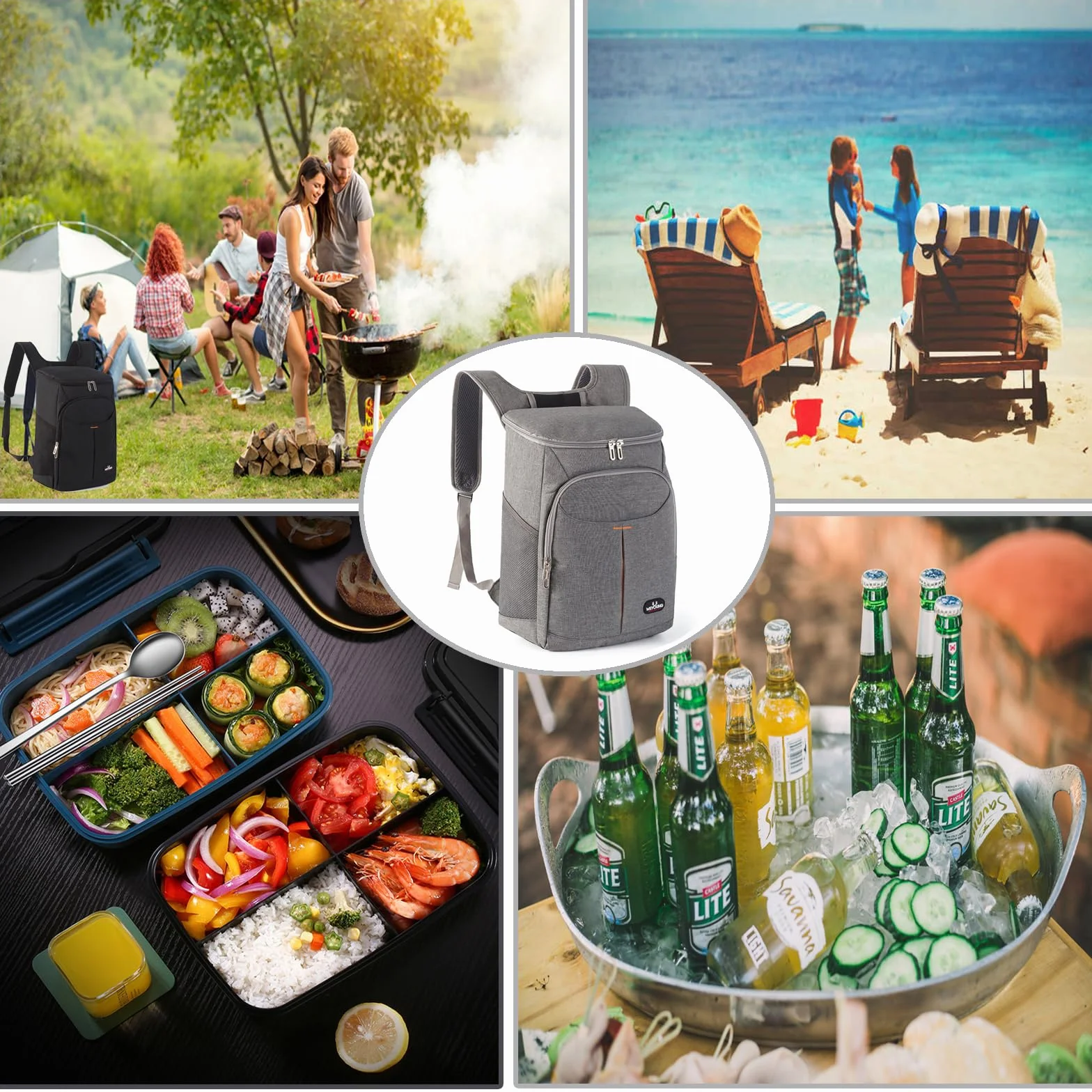 Plecak chłodzący 25 l, torba chłodząca, torba piknikowa, duża, izolowana, torba chłodząca, na piknik, BBQ, kemping, wycieczki, zakupy, kolor szary